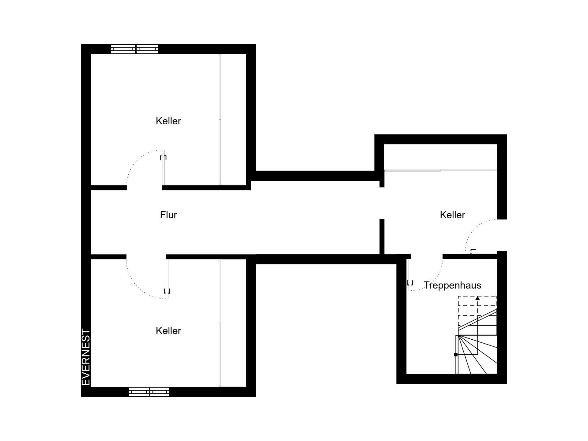 Grundriss mit drei Kellerräumen, Flur und Treppenhaus.