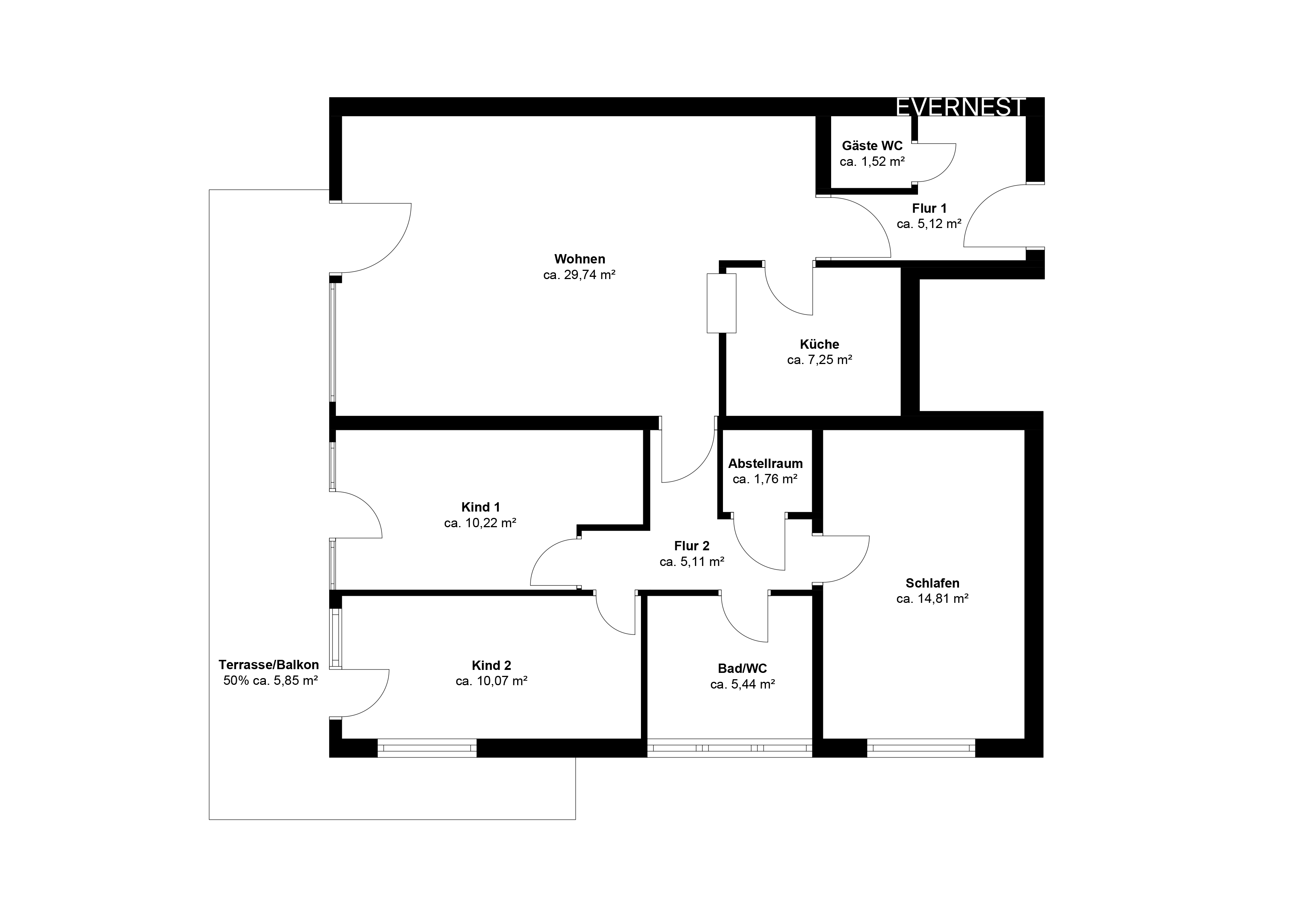 Grundriss einer Wohnung mit Wohnzimmer, Schlafzimmer, Küche, Bad, zwei Kinderzimmern und Balkon.