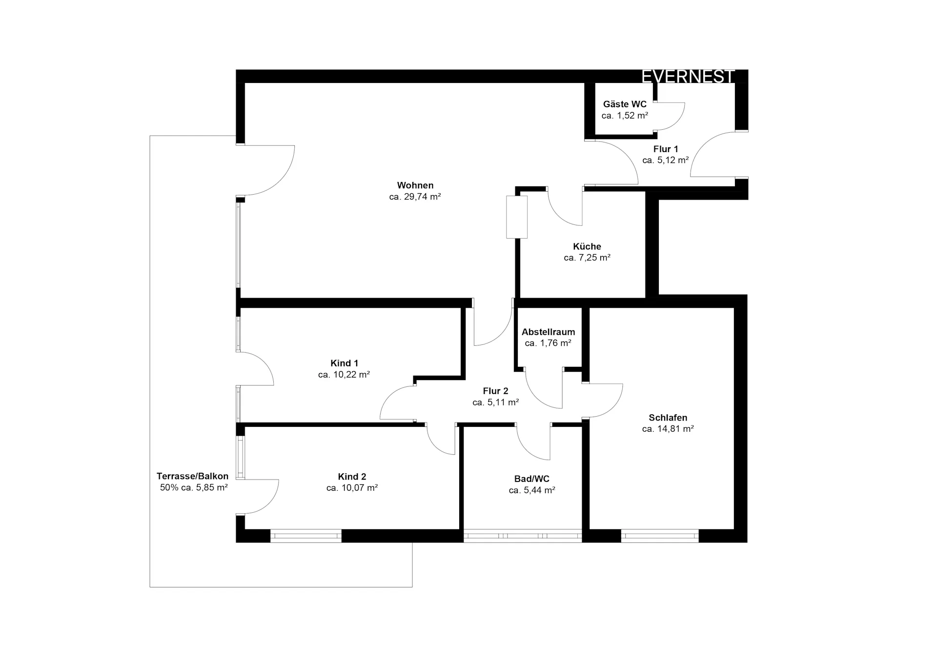 Grundriss einer Wohnung mit Wohnzimmer, Schlafzimmer, Küche, Bad, zwei Kinderzimmern und Balkon.