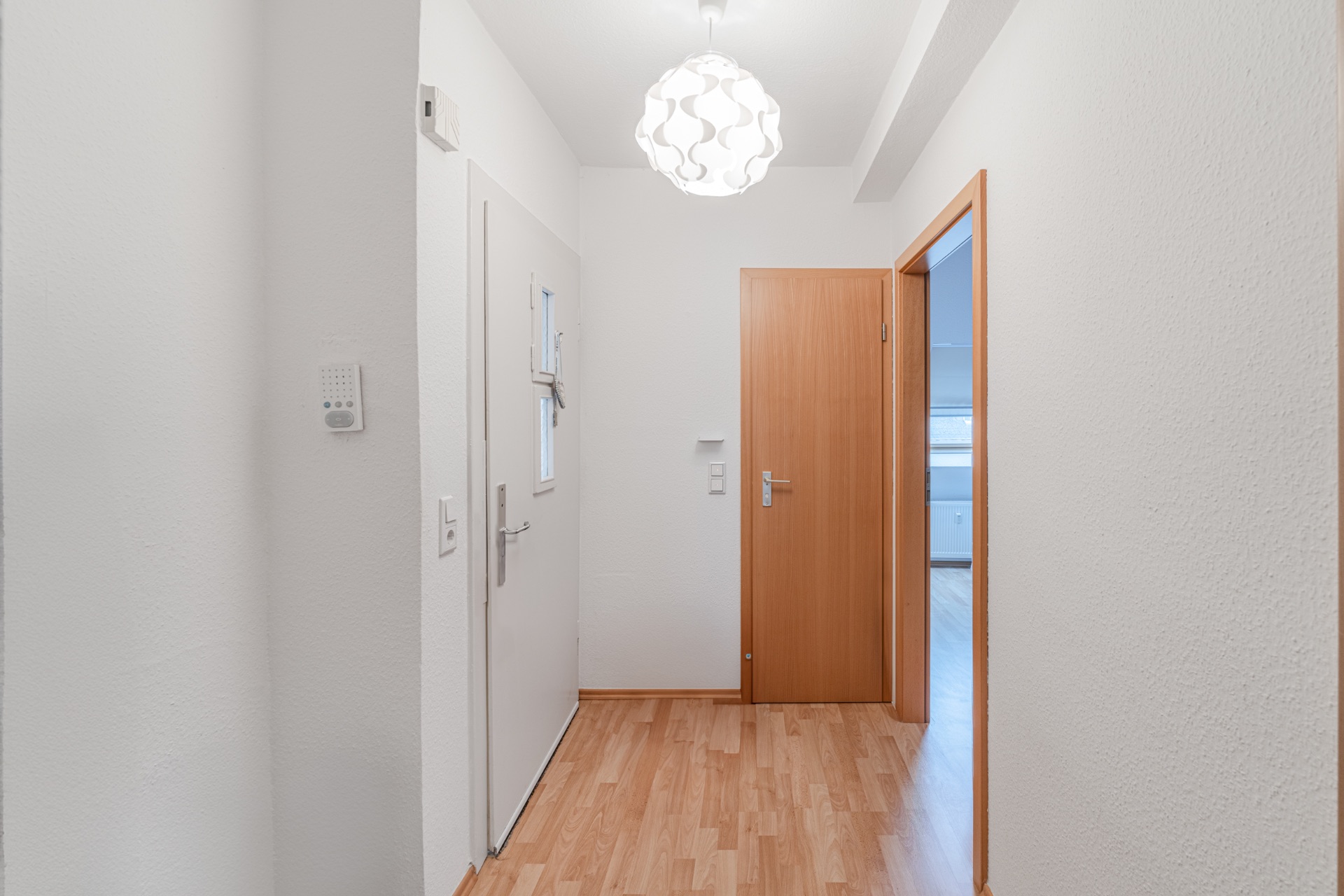 Heller Flur mit Holzboden, weißer Tür, zwei Holztüren und moderner Deckenleuchte.