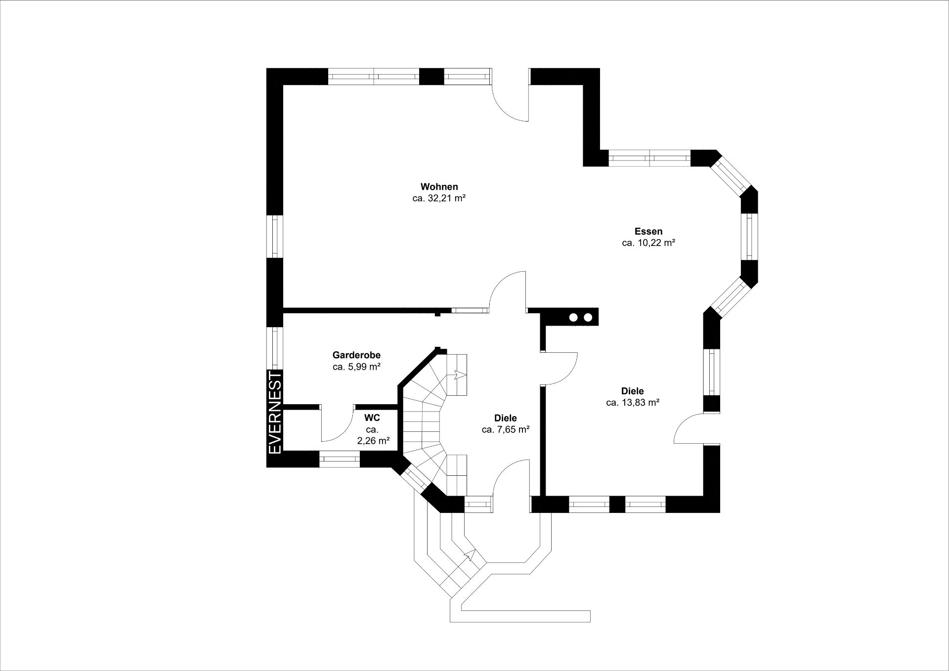 Grundriss eines Wohnhauses mit Wohn-, Essbereich, Garderobe, WC und zwei Dielen.