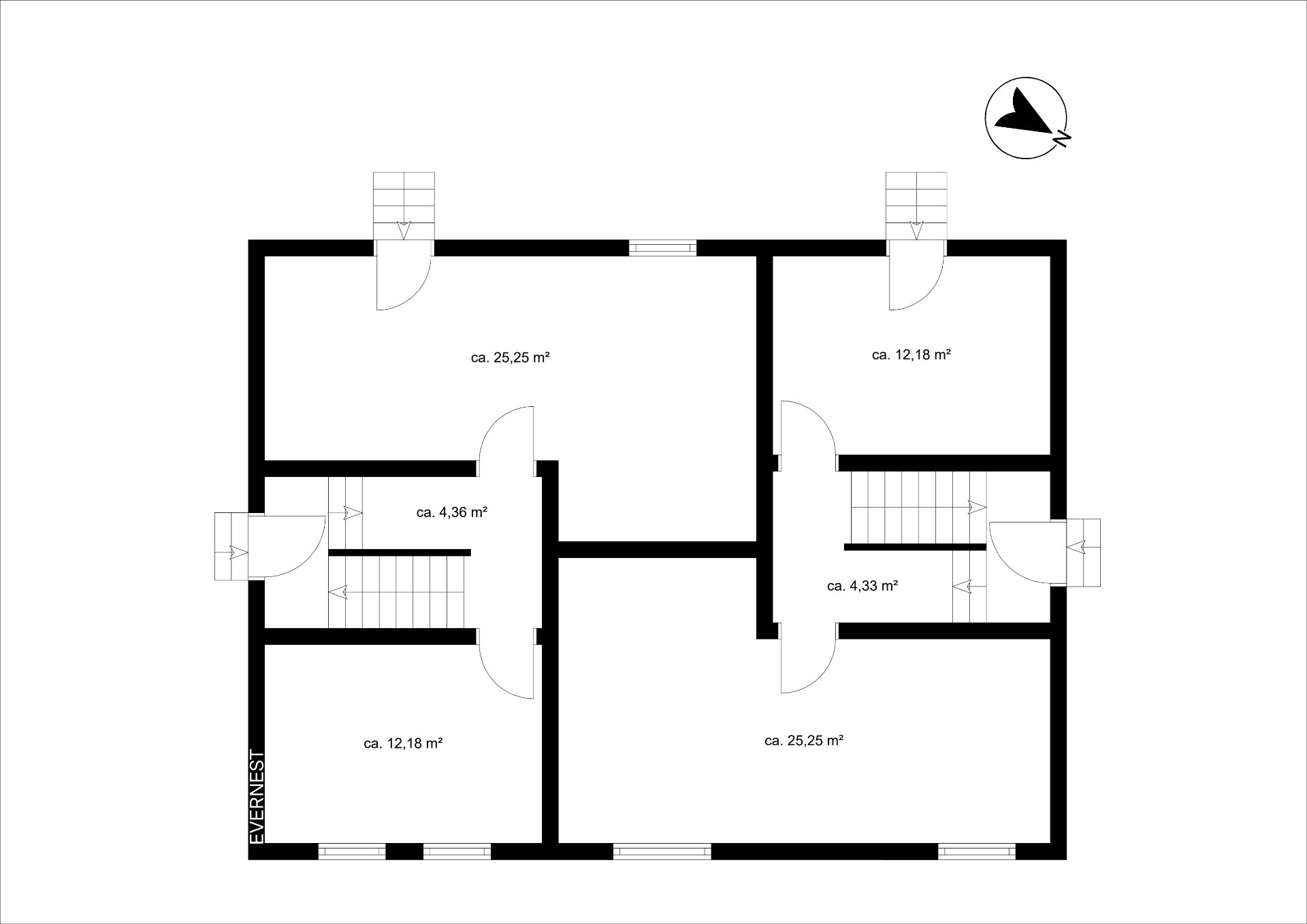 Grundriss mit vier Zimmern, zwei Fluren und Treppen auf jeder Seite.