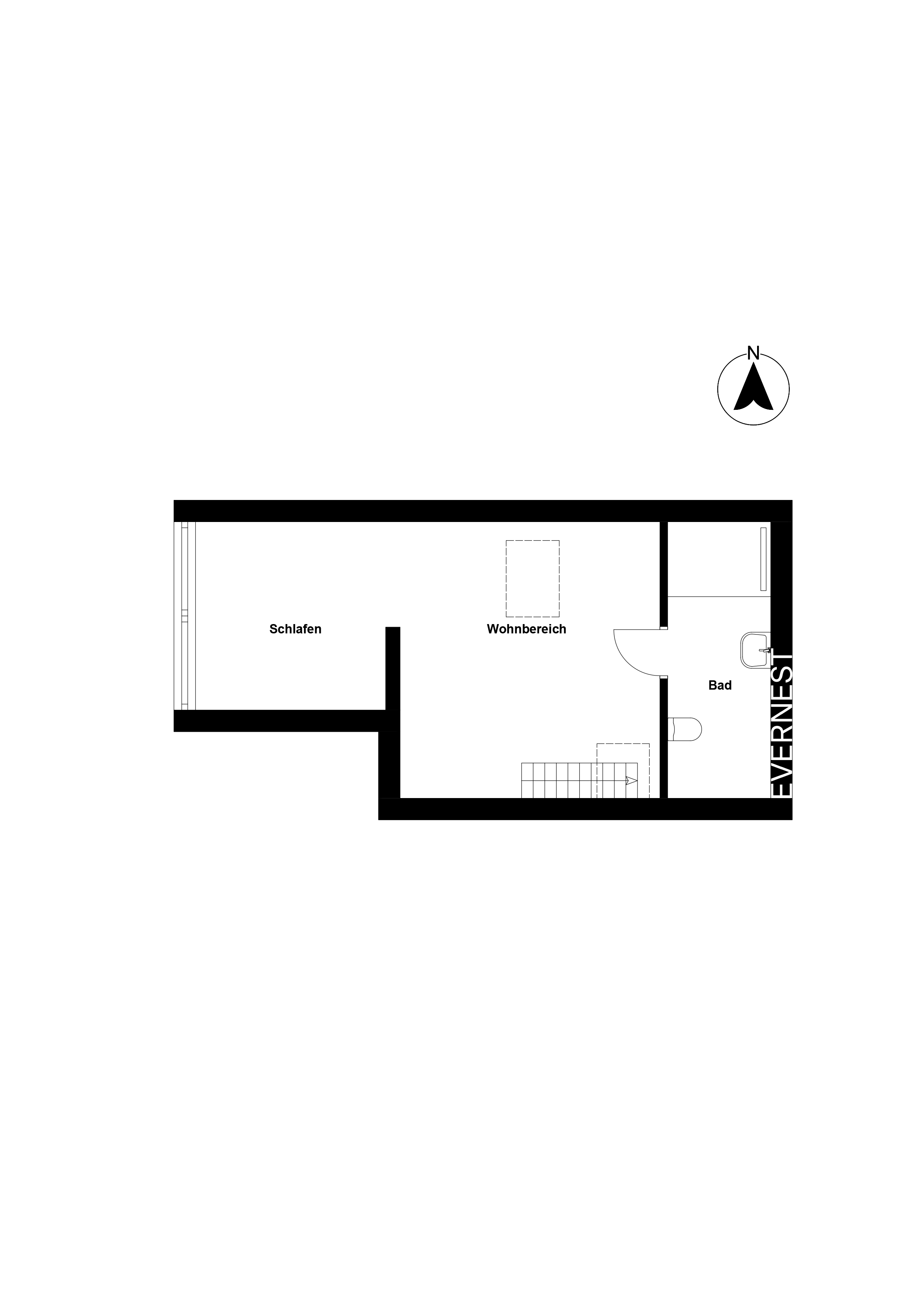 Grundriss mit Schlafbereich, Wohnbereich und Bad, Treppe unten rechts.
