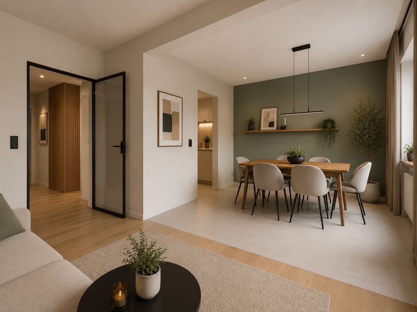 Helles Esszimmer mit Holztisch, sechs Stühlen und Dekopflanzen, angrenzend an Wohnzimmer.