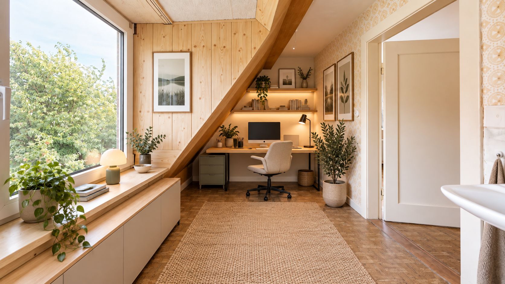 Helles Arbeitszimmer mit Holzverkleidung, großem Fenster, Schreibtisch und vielen Pflanzen.
