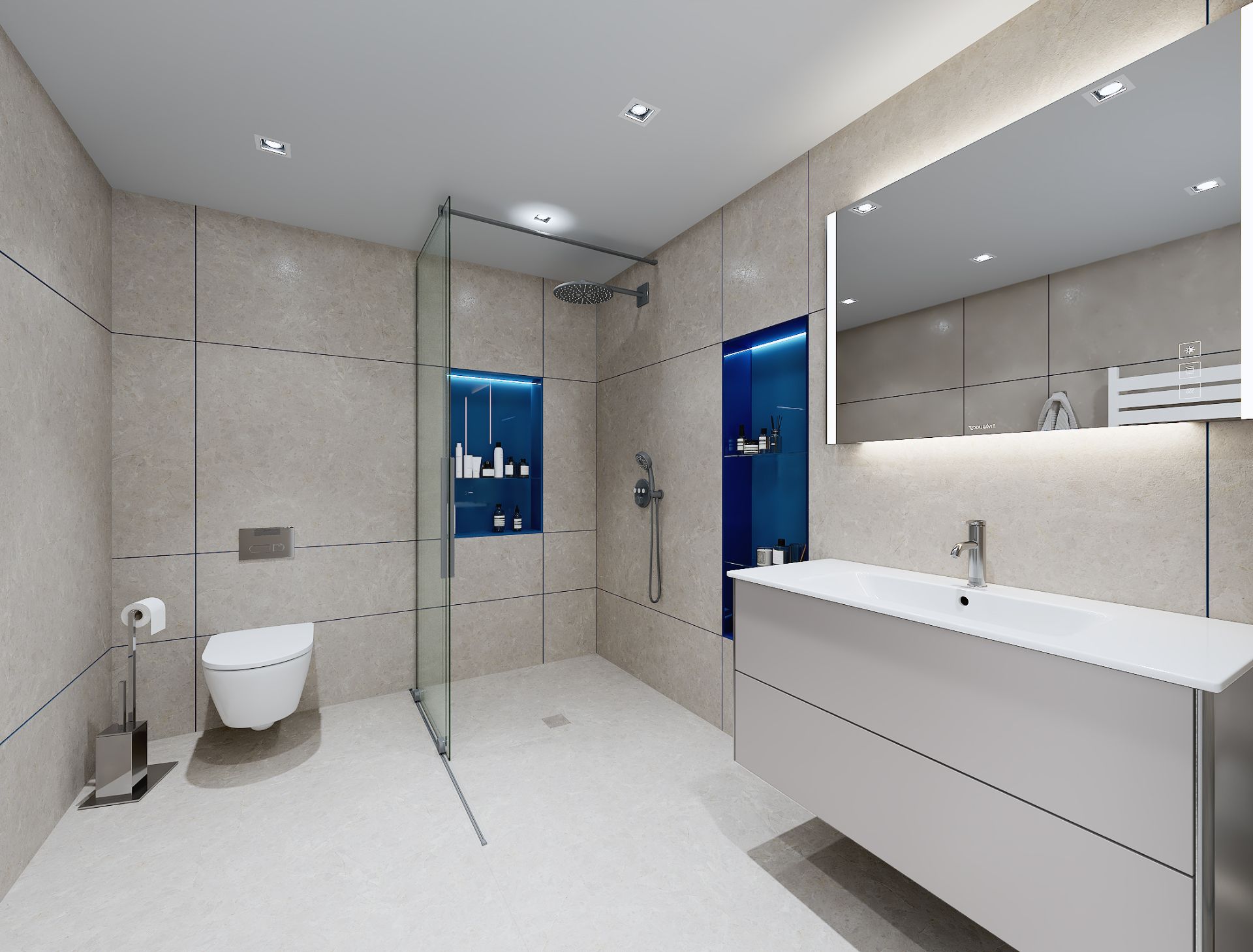Modernes Badezimmer mit bodengleicher Dusche, Wandtoilette und großem Spiegel über dem Waschbecken.