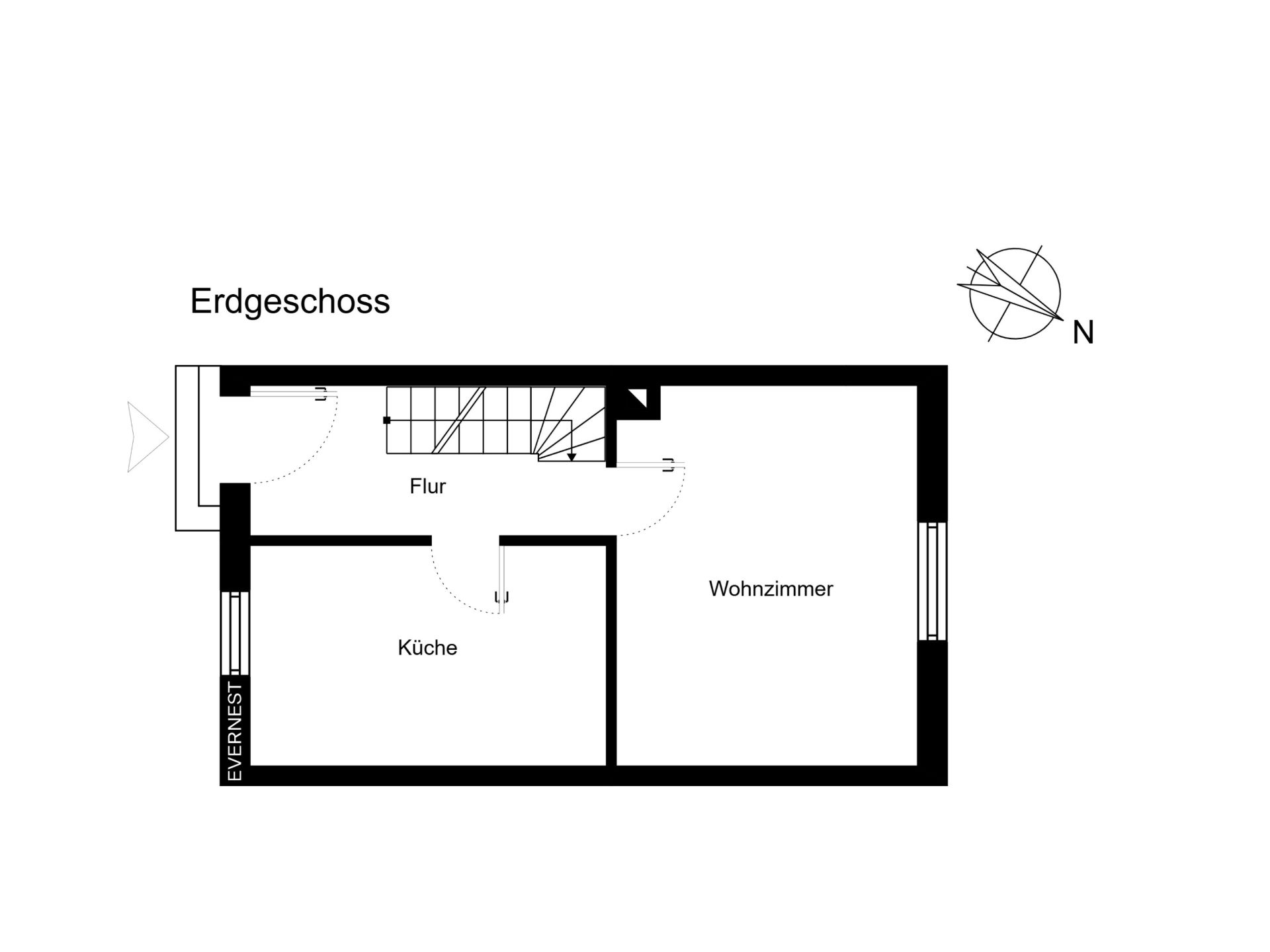 Grundriss des Erdgeschosses mit Flur, Küche und Wohnzimmer.