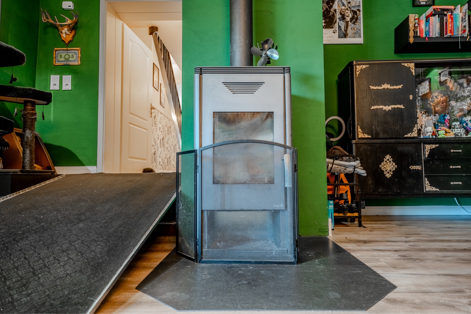 Kaminofen mit Schutzgitter vor grüner Wand, daneben Rampe und Schrank in Wohnraum.