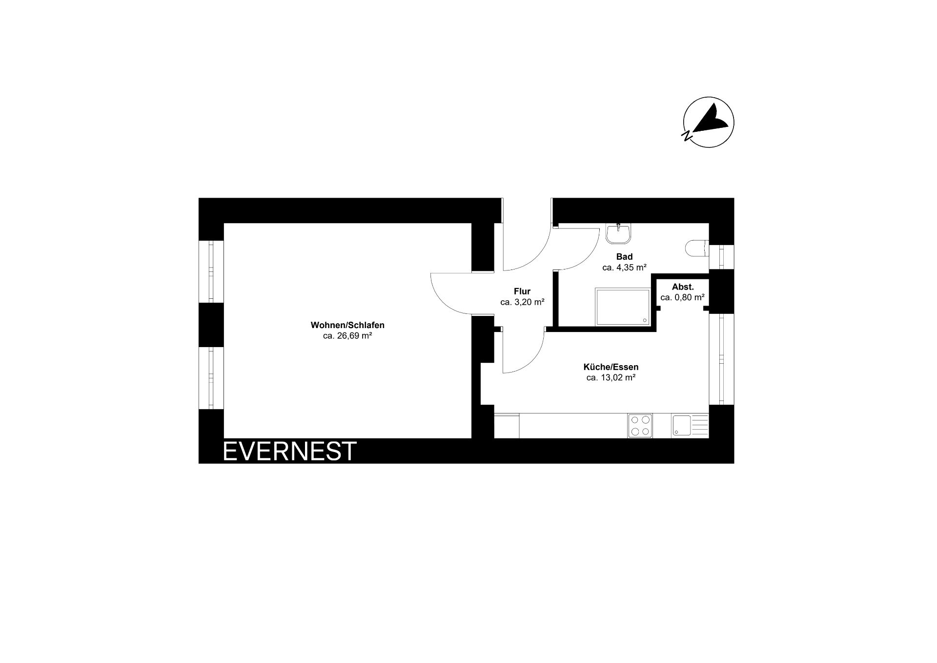 Grundriss einer Wohnung mit Wohn-/Schlafraum, Küche, Bad, Flur und Abstellraum.
