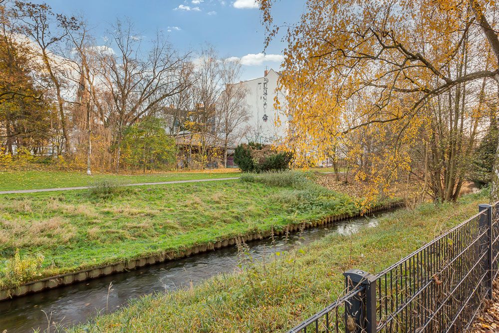 Blick auf einen kleinen Fluss mit Wiese und Bäumen, im Vordergrund ein schwarzer Zaun.