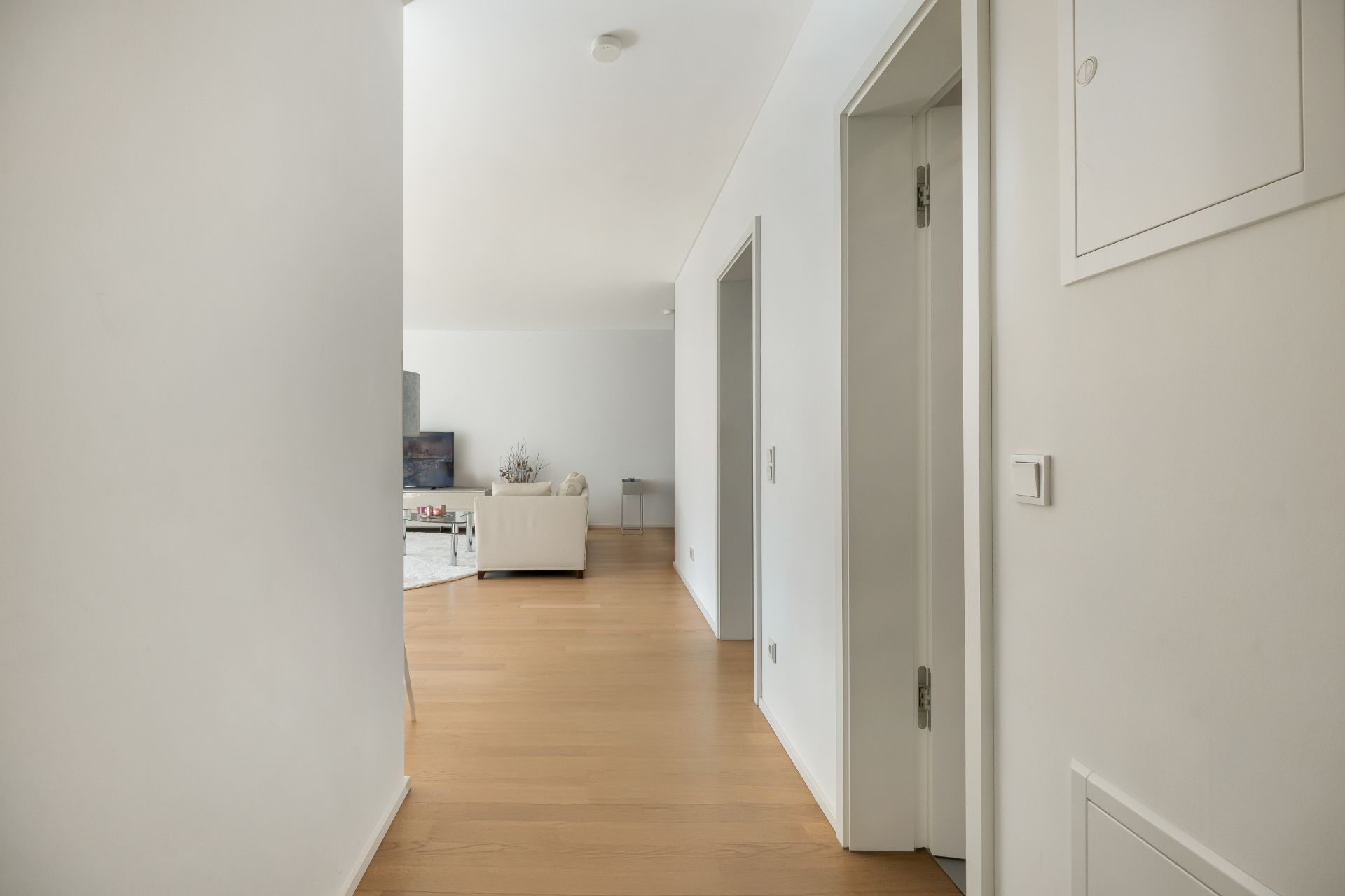 Heller Flur mit Holzboden, Türen an der Seite, im Hintergrund ein Wohnzimmer mit Sofa.