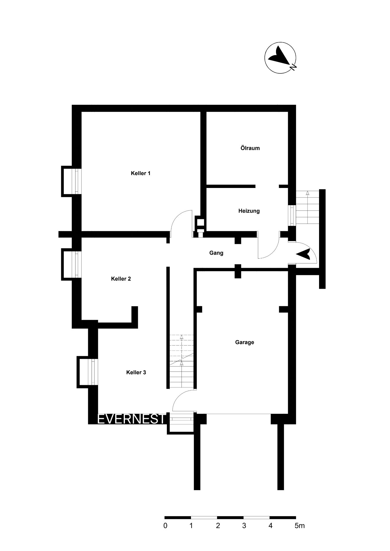 Grundriss eines Kellers mit drei Kellerräumen, Heizungsraum, Öllager und Garage.