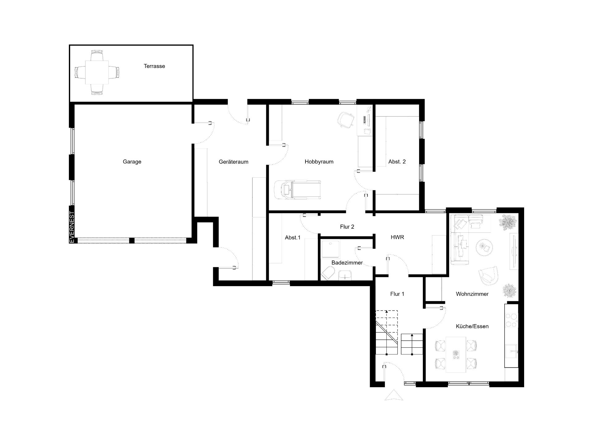 Grundriss eines Wohnhauses mit Garage, Terrasse, Wohnzimmer, Küche und weiteren Räumen.
