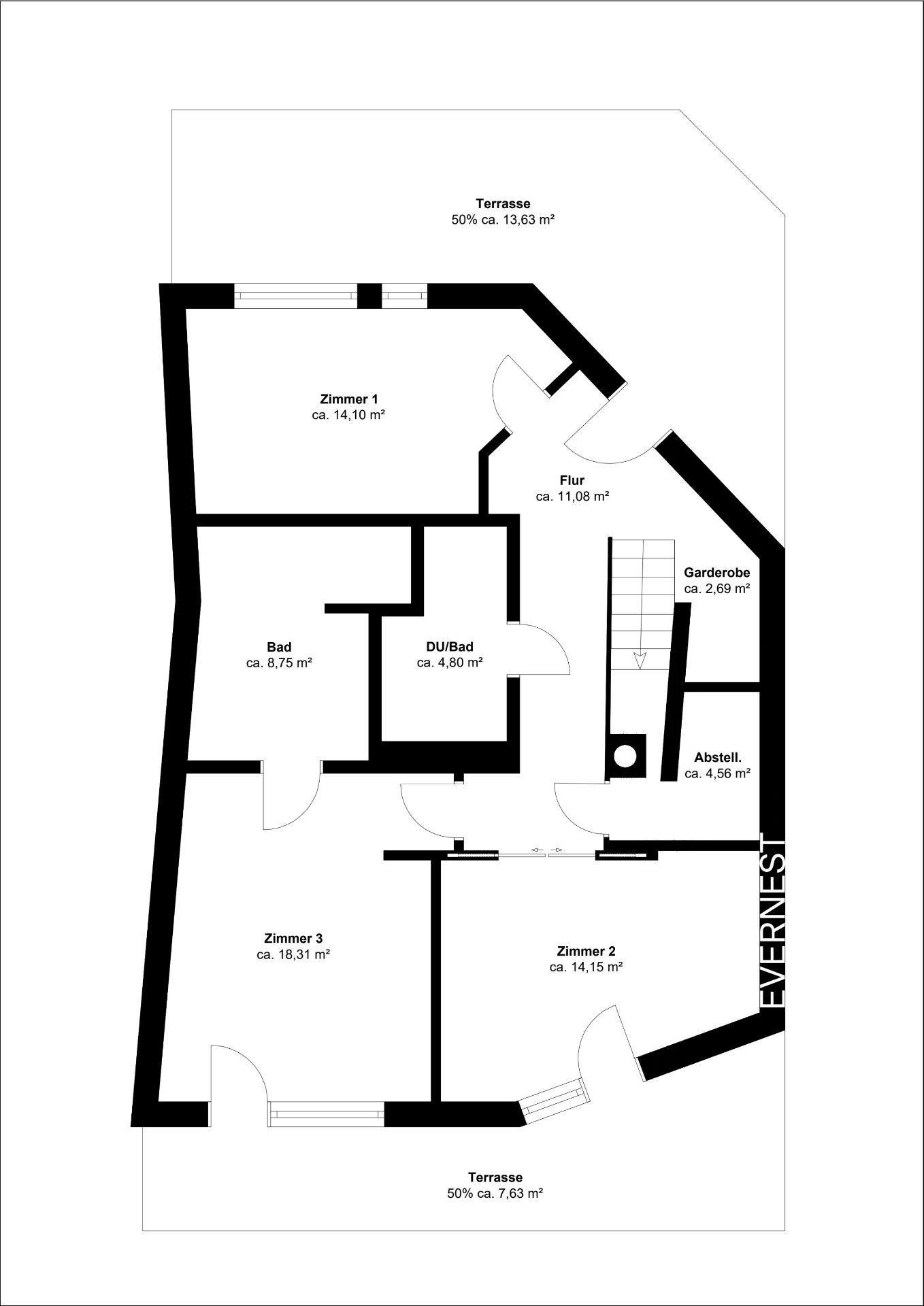 Grundriss einer Wohnung mit drei Zimmern, Bad, Flur, Garderobe, Abstellraum und zwei Terrassen.