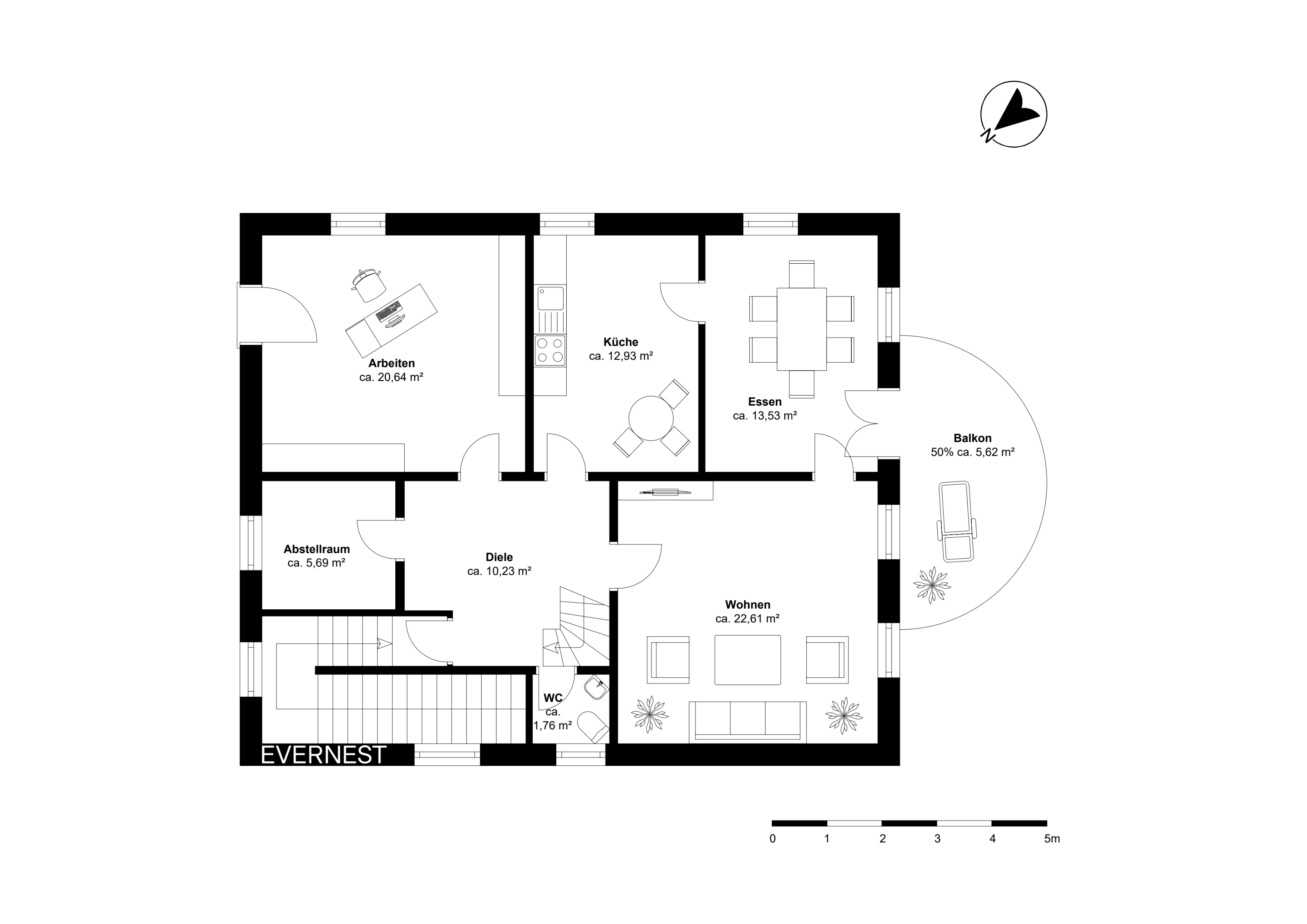 Grundriss einer Wohnung mit Wohn-, Arbeits-, Esszimmer, Küche, Abstellraum, WC und Balkon.