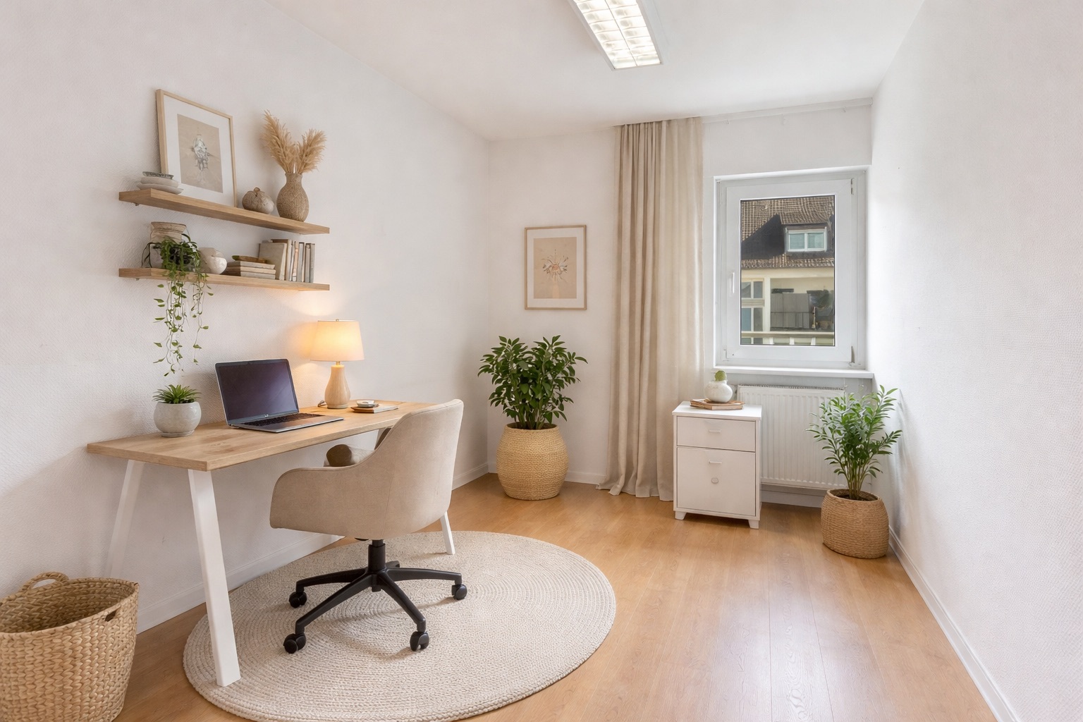 Helles Arbeitszimmer mit Schreibtisch, Stuhl, Pflanzen und Fenster.