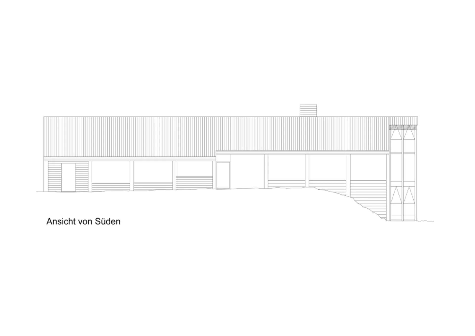 Architektonische Zeichnung einer Hausansicht von Süden mit Pultdach und Stützen.