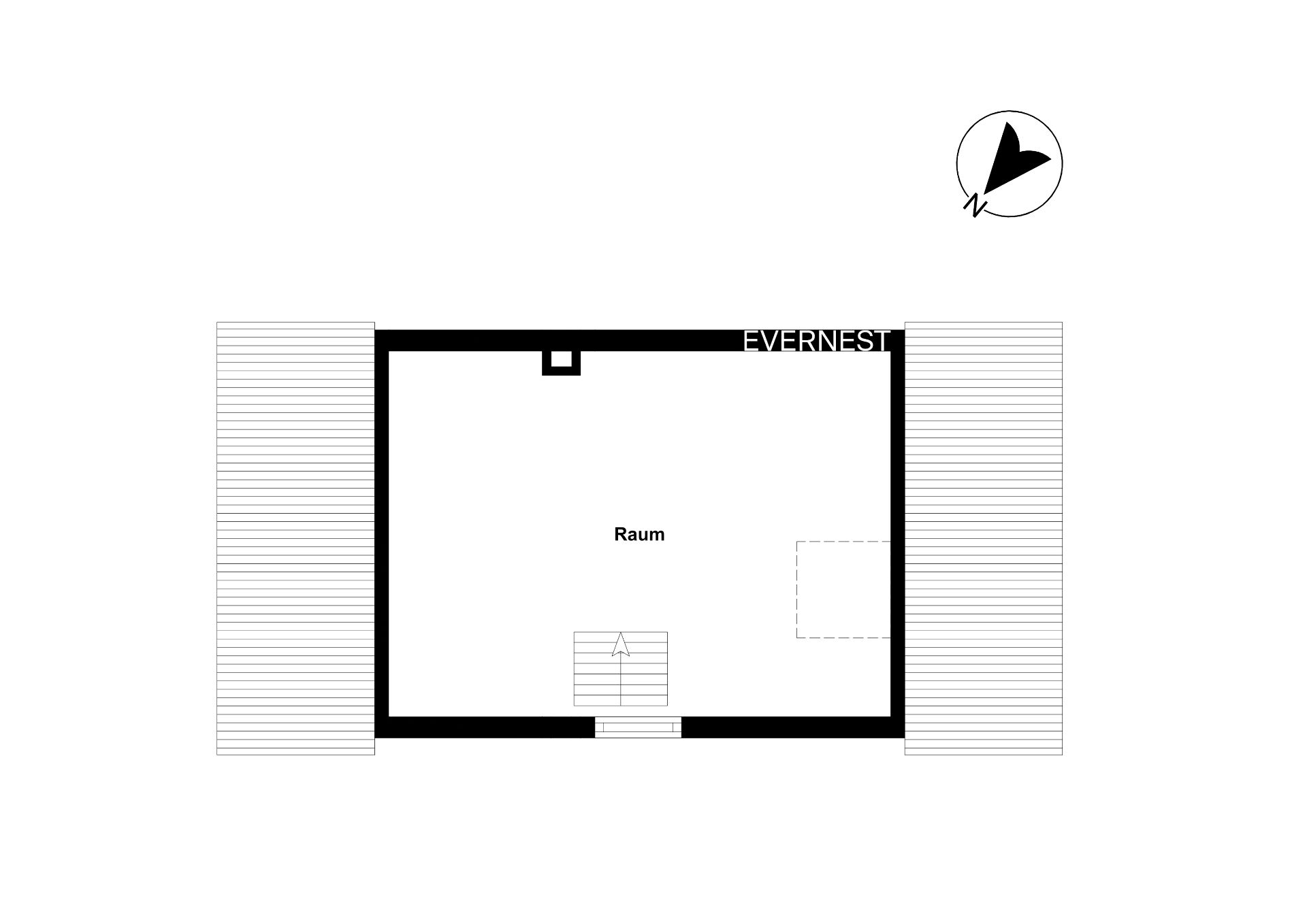 Grundriss mit einem großen Raum und zwei Terrassen, Treppe unten mittig.