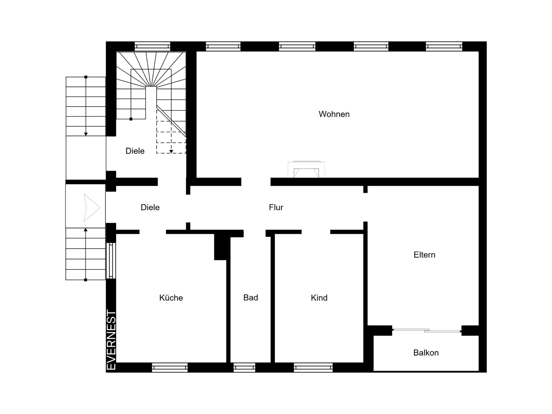 Grundriss einer Wohnung mit Wohnzimmer, Küche, Bad, Kinderzimmer, Elternzimmer und Balkon.