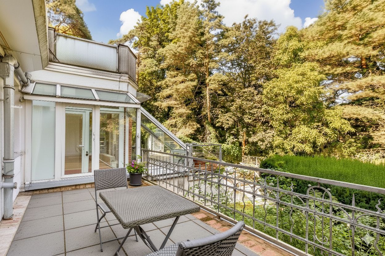 Große Terrasse mit Tisch und zwei Stühlen, Blick auf Bäume und Garten.