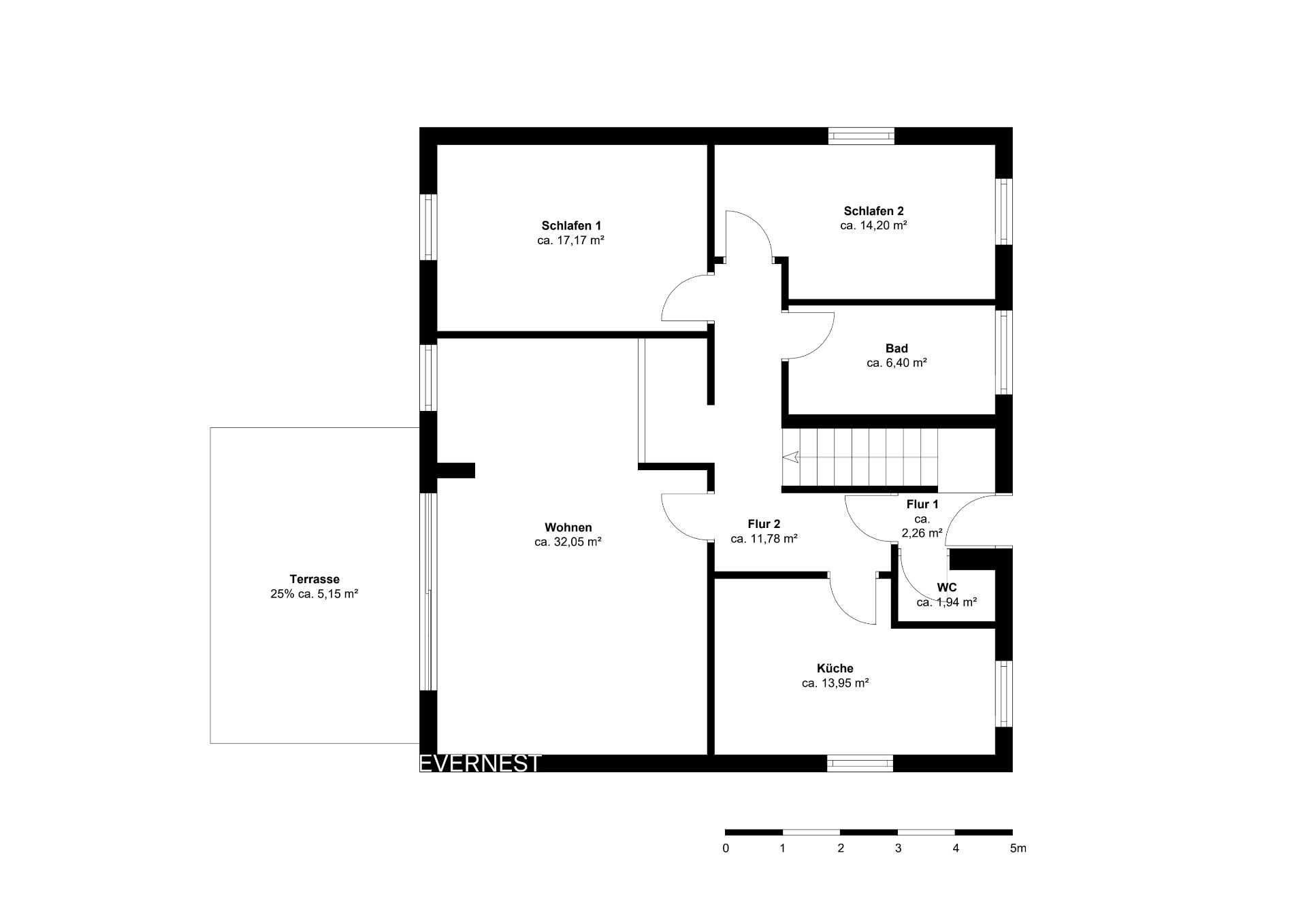 Grundriss einer Wohnung mit zwei Schlafzimmern, Wohnzimmer, Küche, Bad, WC und Terrasse.