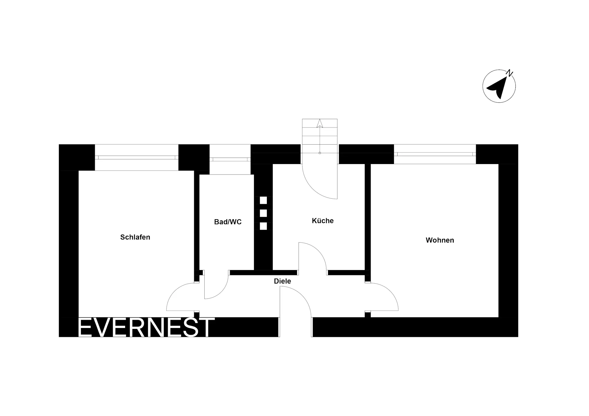 Grundriss einer Wohnung mit Schlaf-, Wohn-, Badezimmer, Küche und Diele.