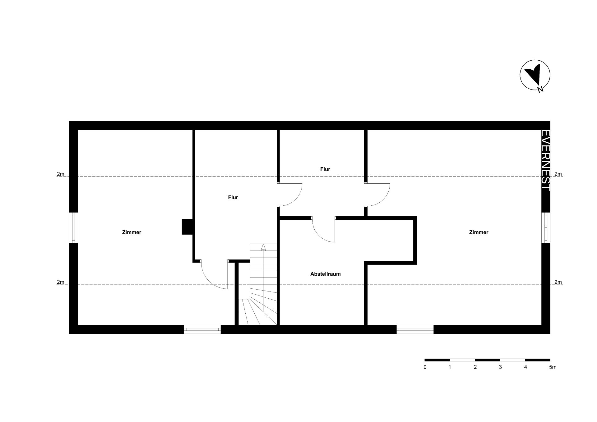 Grundriss mit zwei Zimmern, Flur, Abstellraum und Treppe auf einem Wohnungsstockwerk.