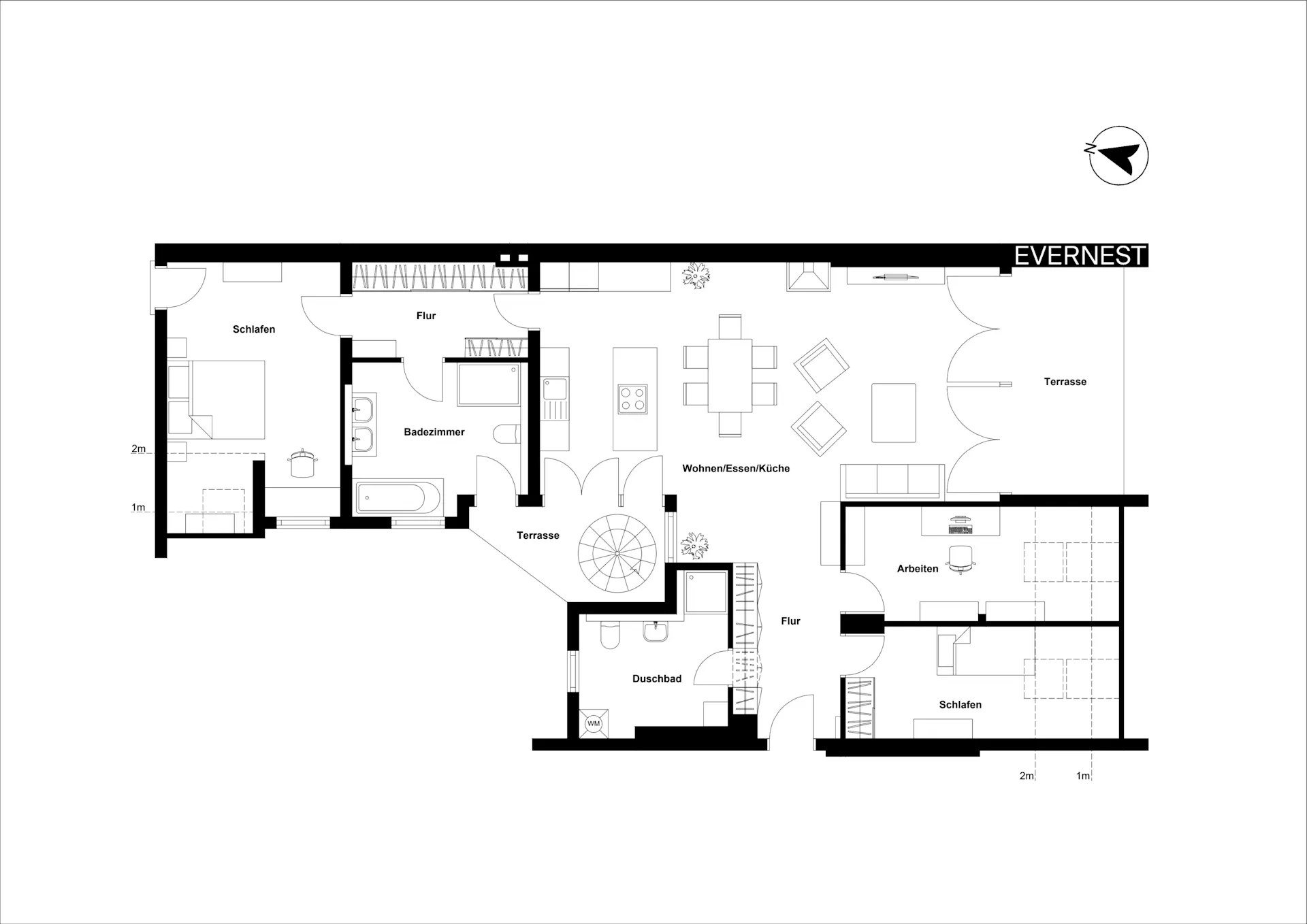 Grundriss einer Wohnung mit Schlafzimmern, Bädern, Wohnzimmer/Küche, Arbeitszimmer und zwei Terrassen.