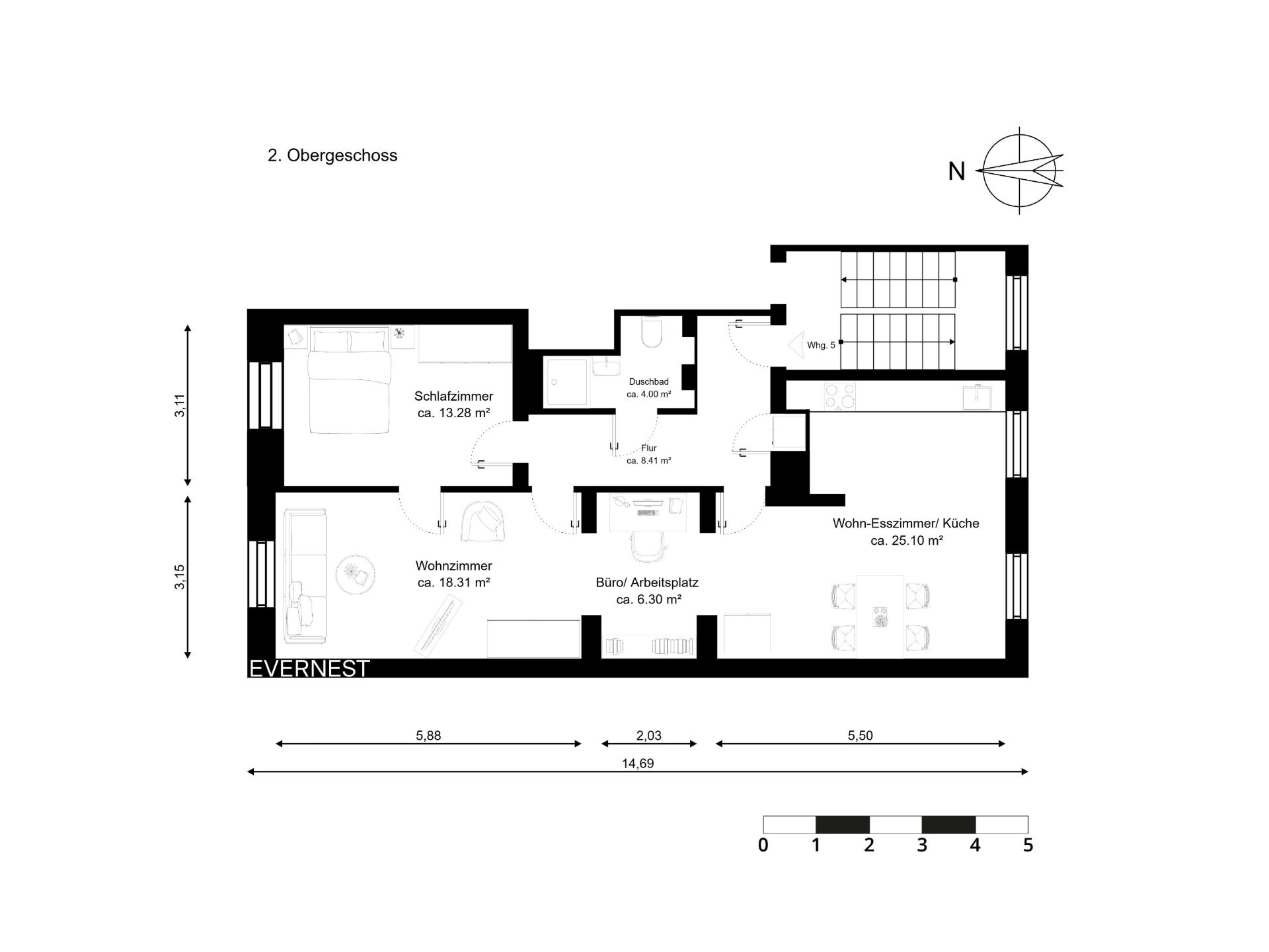 Grundriss einer Wohnung mit Schlafzimmer, Wohnzimmer, Büro, Küche, Bad und Flur.