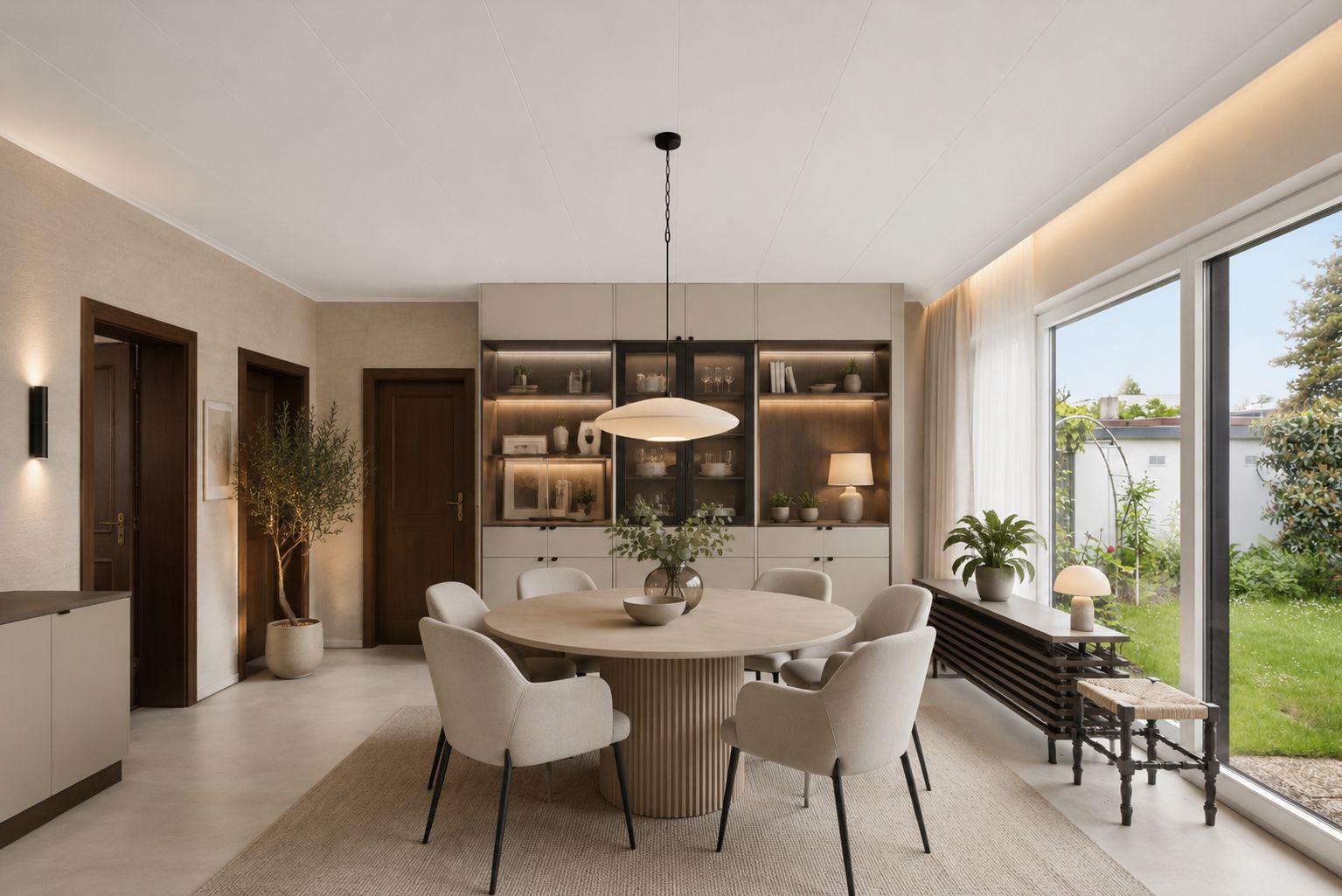 Helles Esszimmer mit rundem Tisch, sechs Stühlen und großem Fenster zum Garten.