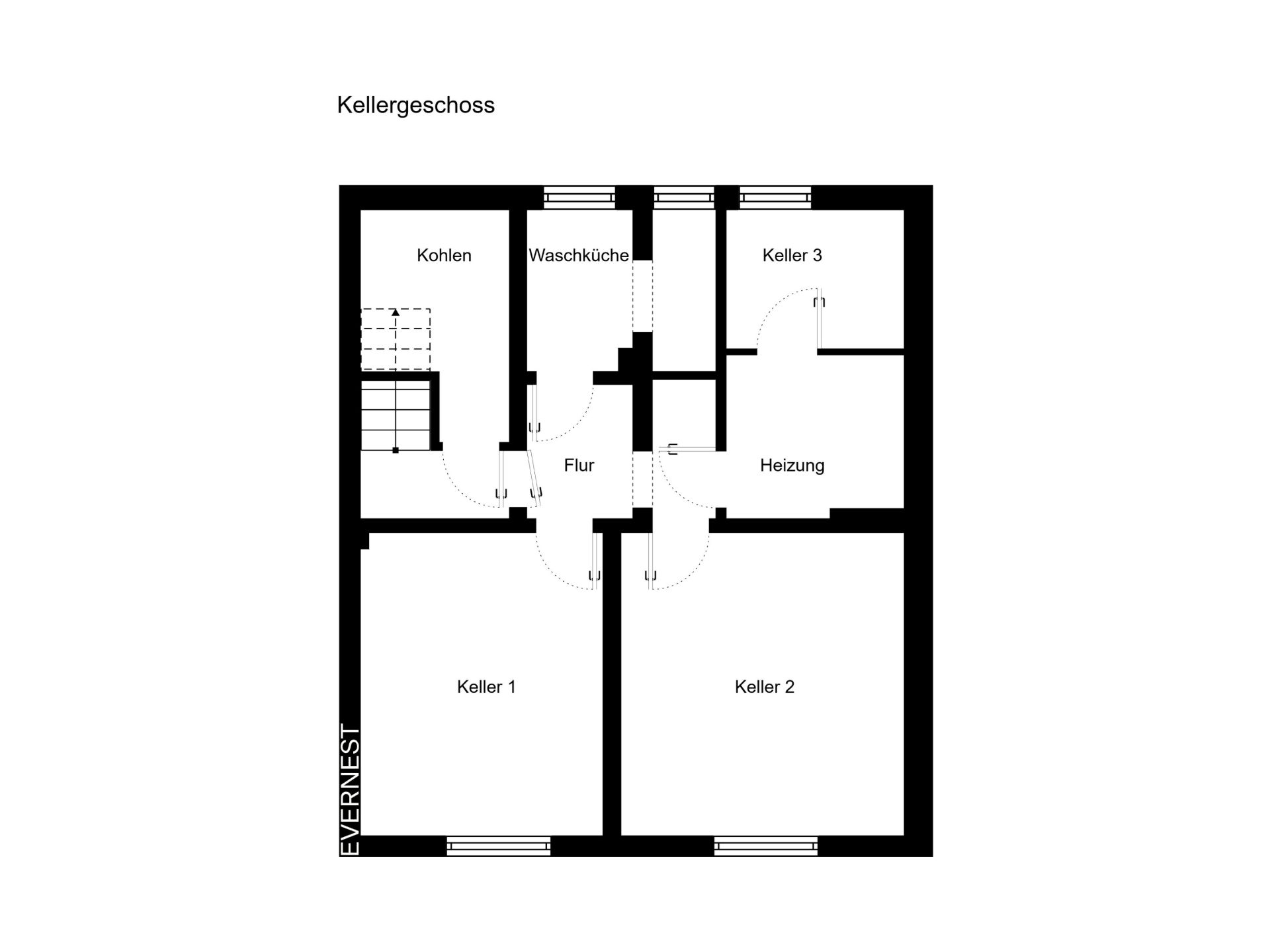 Grundriss des Kellers mit Räumen für Kohlen, Waschküche, Heizung und drei Kellerräume.