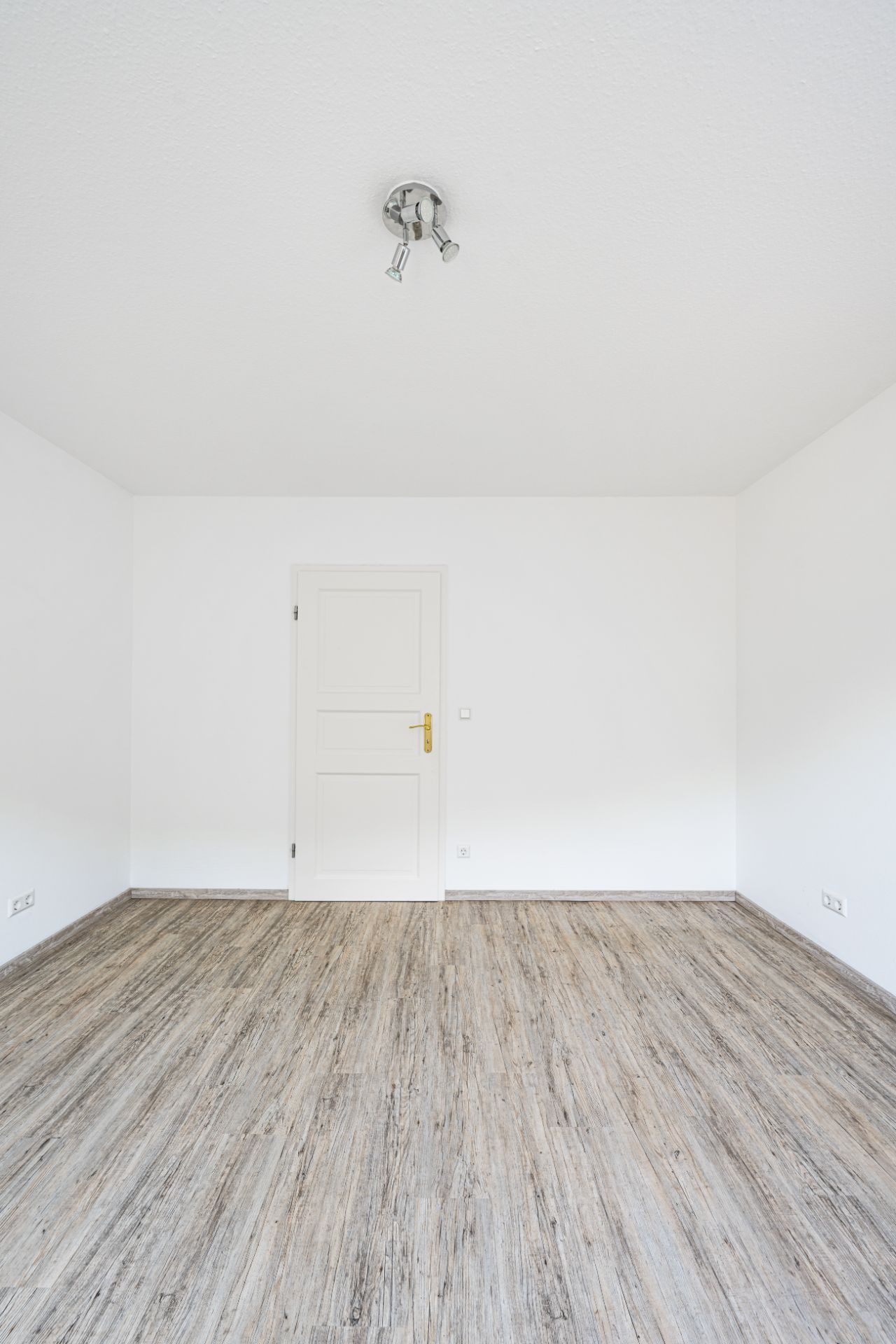 Leerer Raum mit Holzfußboden, weißer Tür und schlichter Deckenleuchte.