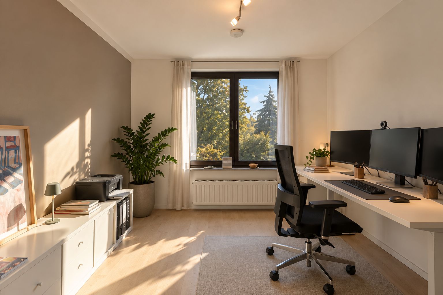 Helles Arbeitszimmer mit Schreibtisch, Bürostuhl, zwei Monitoren, Regal, Pflanze und großem Fenster.