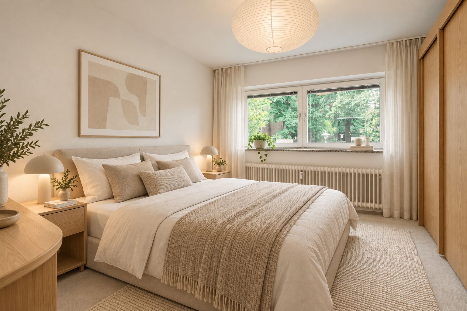 Helles Schlafzimmer mit Doppelbett, Holzschränken und großem Fenster mit Blick ins Grüne.