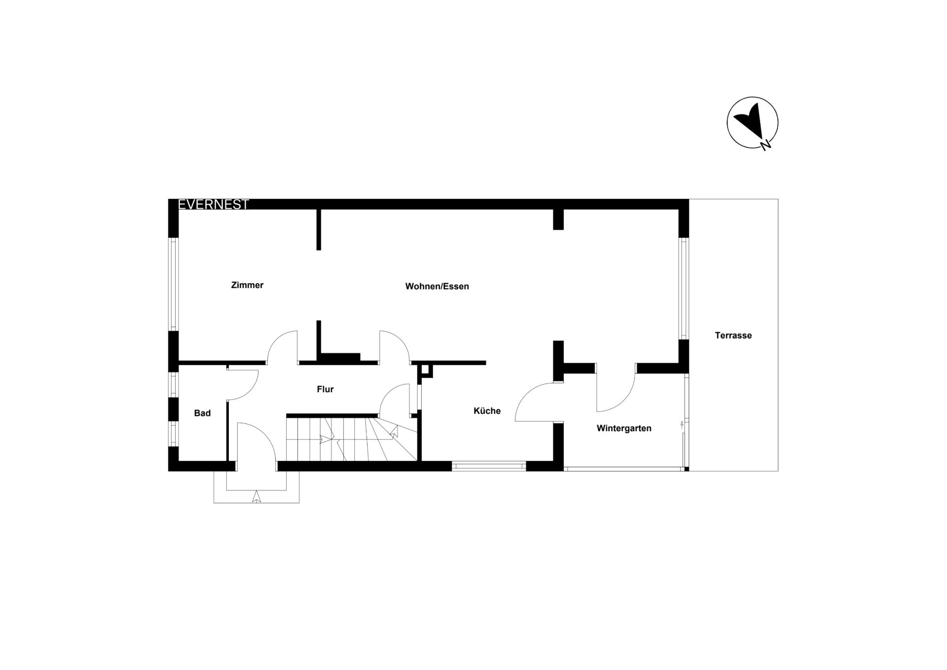 Grundriss einer Wohnung mit Zimmer, Bad, Flur, Küche, Wintergarten und Terrasse.