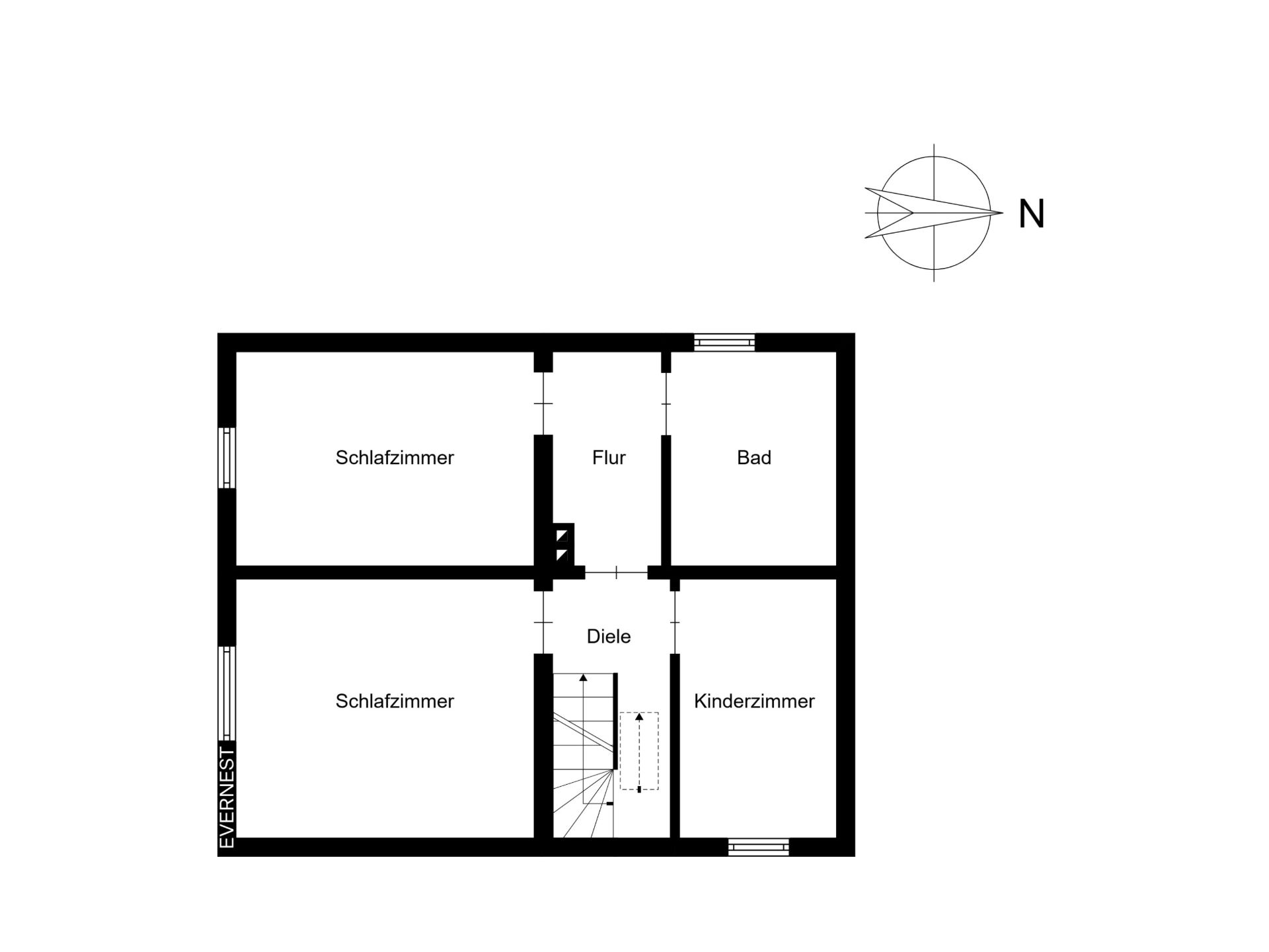 Grundriss mit zwei Schlafzimmern, einem Kinderzimmer, Bad, Flur und Treppenhaus.