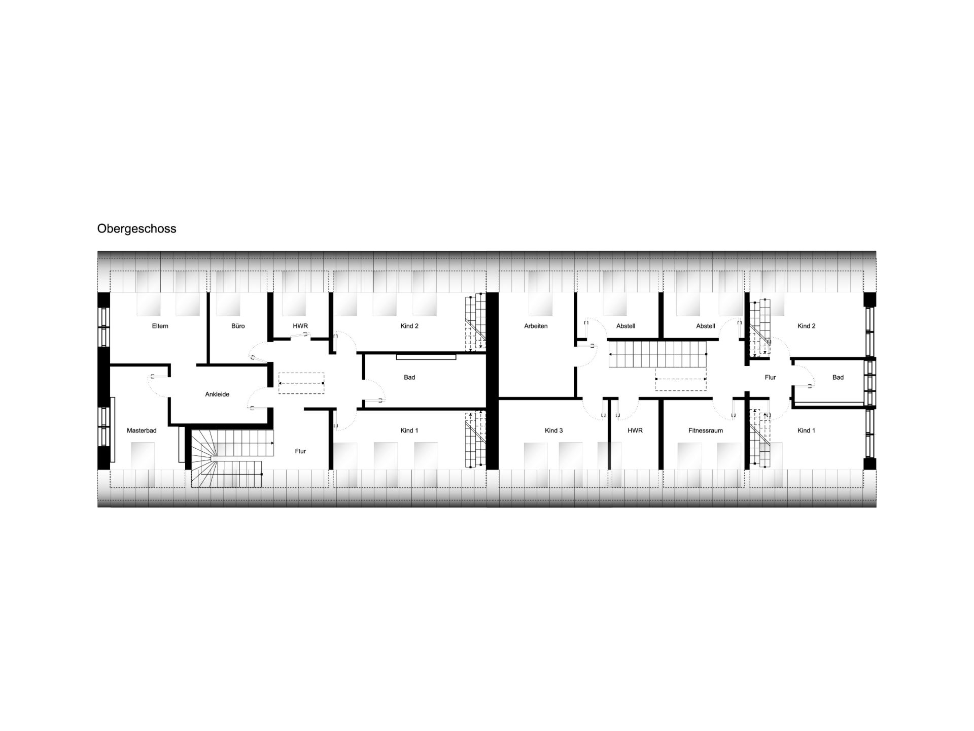 Grundriss des Obergeschosses mit Schlafzimmern, Bädern, Büro und mehreren Kinderzimmern.