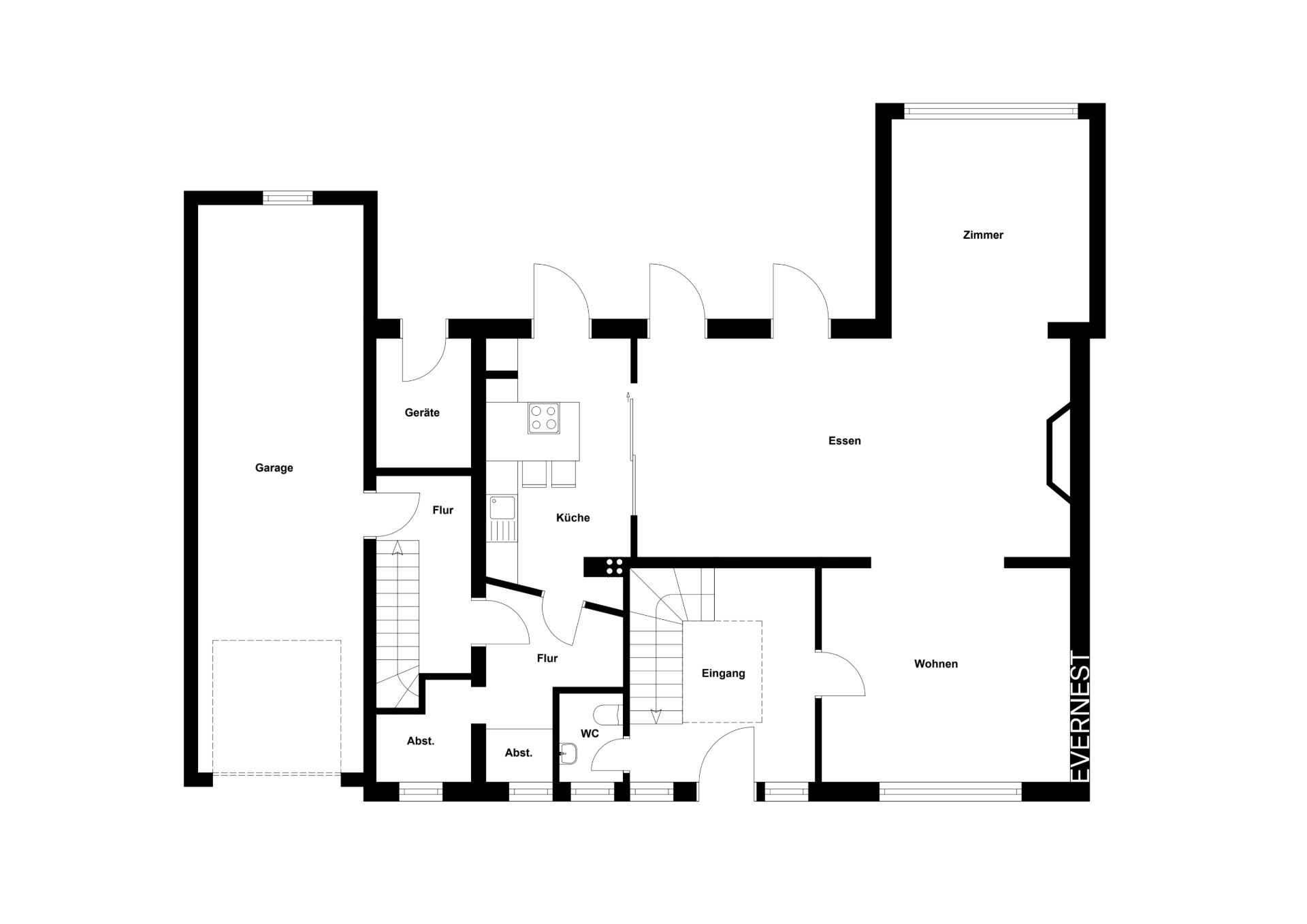 Grundriss eines Hauses mit Garage, Küche, Wohnzimmer, Essbereich und mehreren weiteren Räumen.