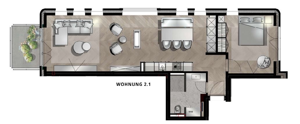 Grundriss einer Wohnung mit Wohnzimmer, Essbereich, Schlafzimmer, Küche, Bad und Balkon.