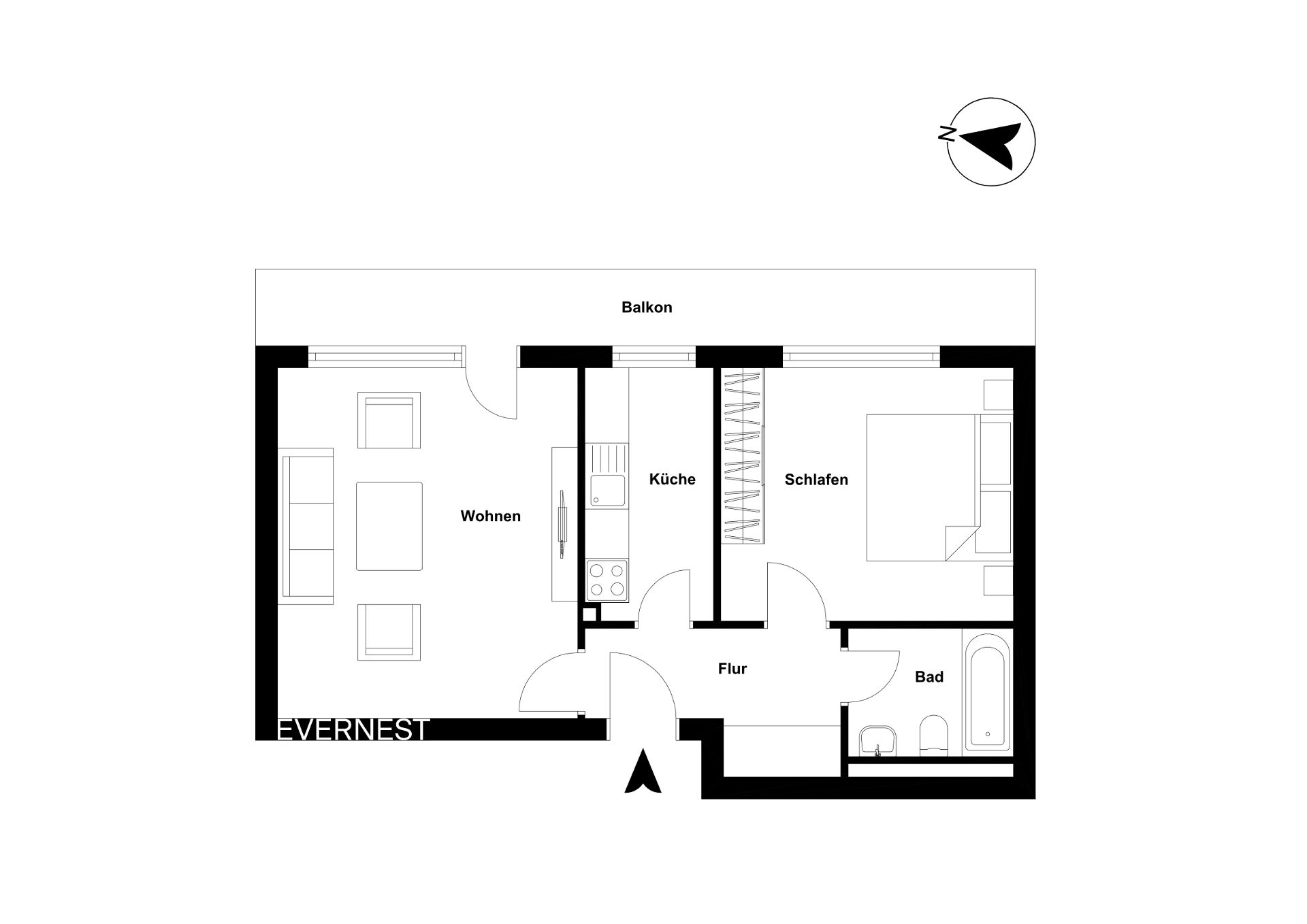 Grundriss einer Wohnung mit Wohnzimmer, Schlafzimmer, Küche, Bad, Flur und Balkon.