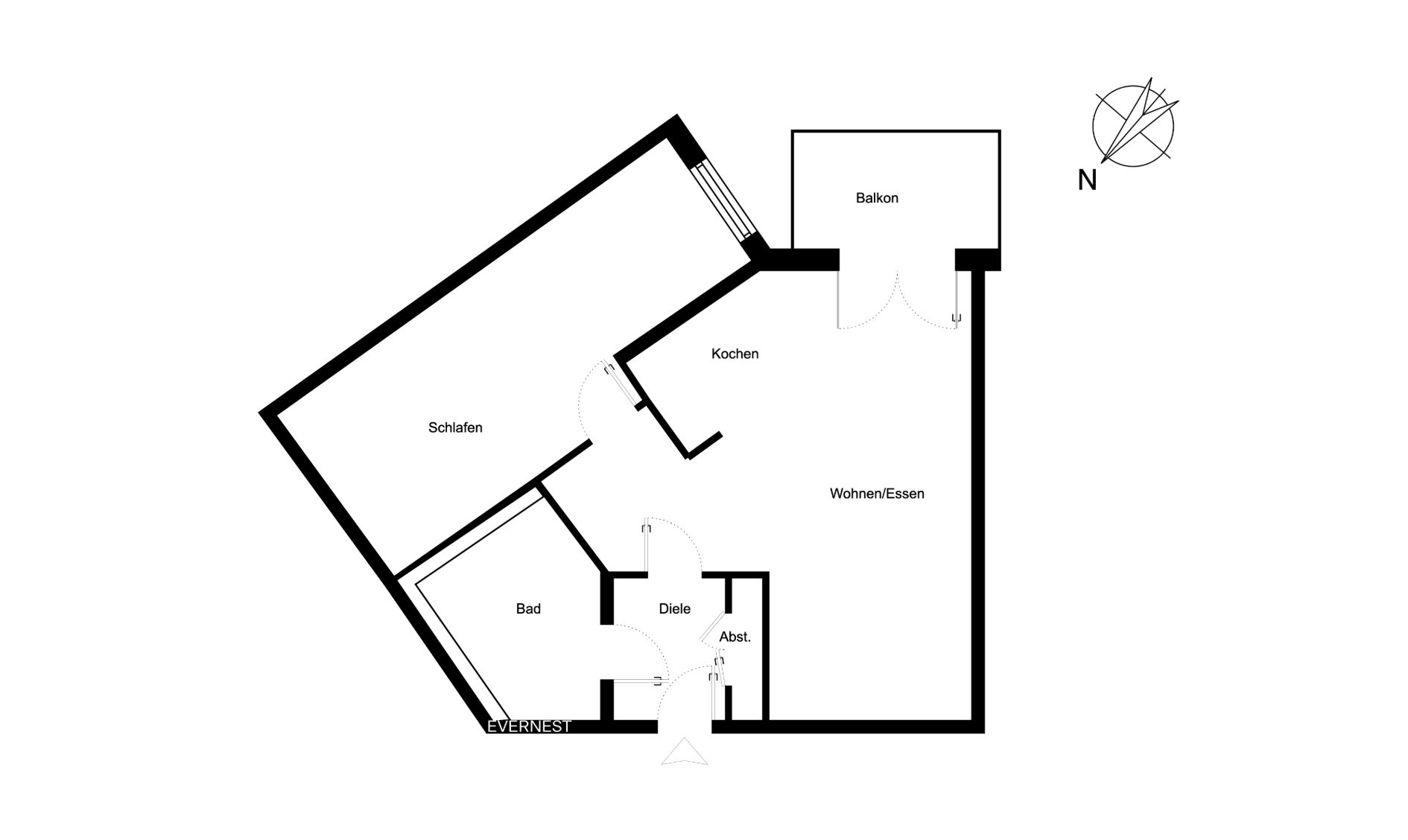 Grundriss einer Wohnung mit Schlafzimmer, Bad, Diele, Abstellraum, Küche, Wohnbereich und Balkon.