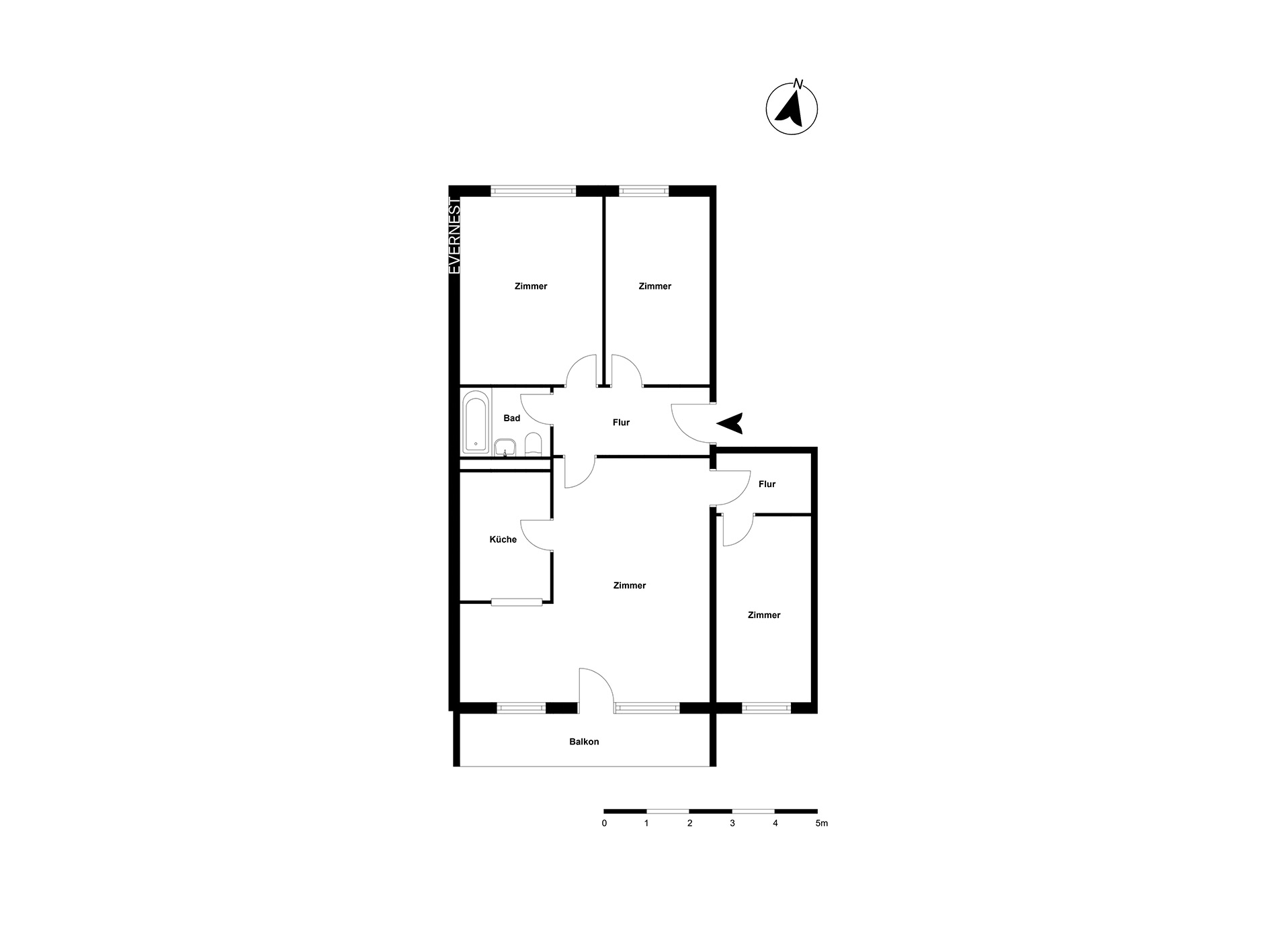 Grundriss einer Wohnung mit vier Zimmern, Küche, Bad, Flur und Balkon.