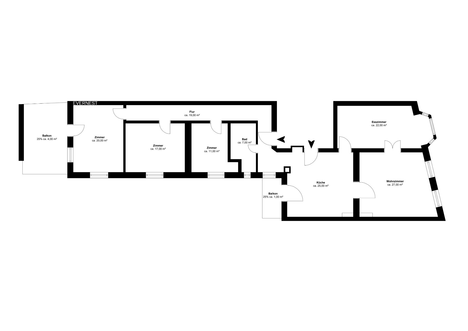 Grundriss einer Wohnung mit mehreren Zimmern, Küche, Bad und zwei Balkonen.