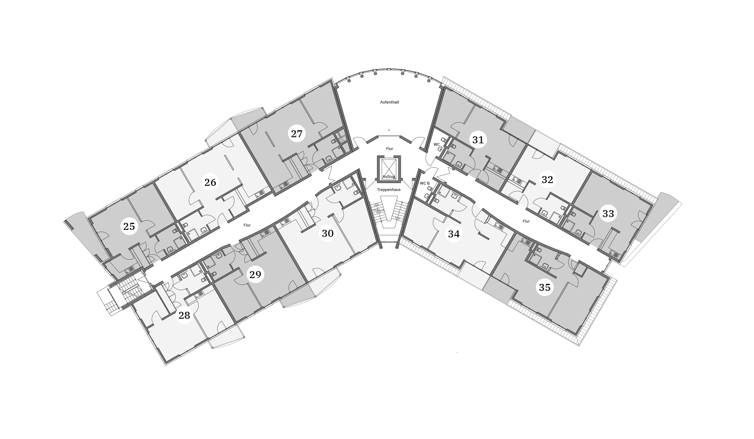 Grundriss eines Wohngebäudes mit mehreren nummerierten Apartments und Fluren.