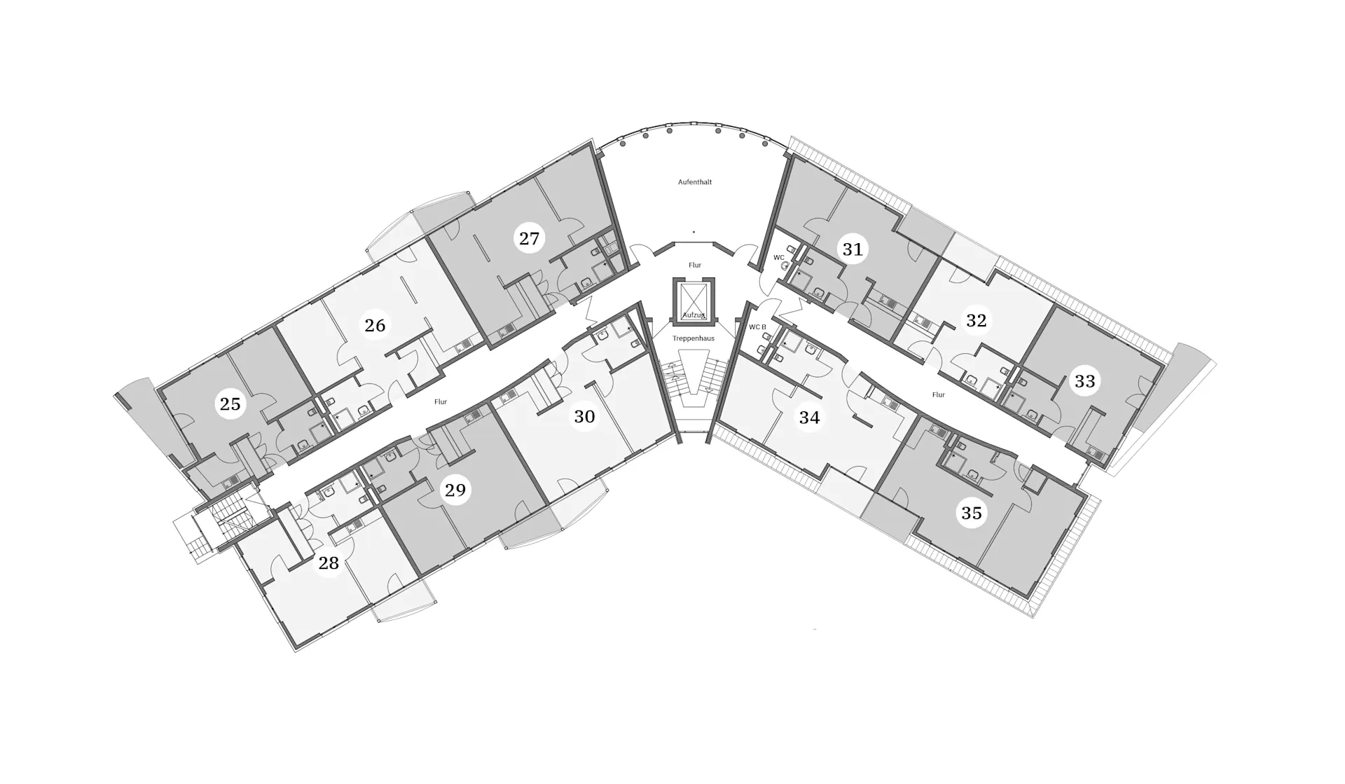 Grundriss eines Wohngebäudes mit mehreren nummerierten Apartments und Fluren.