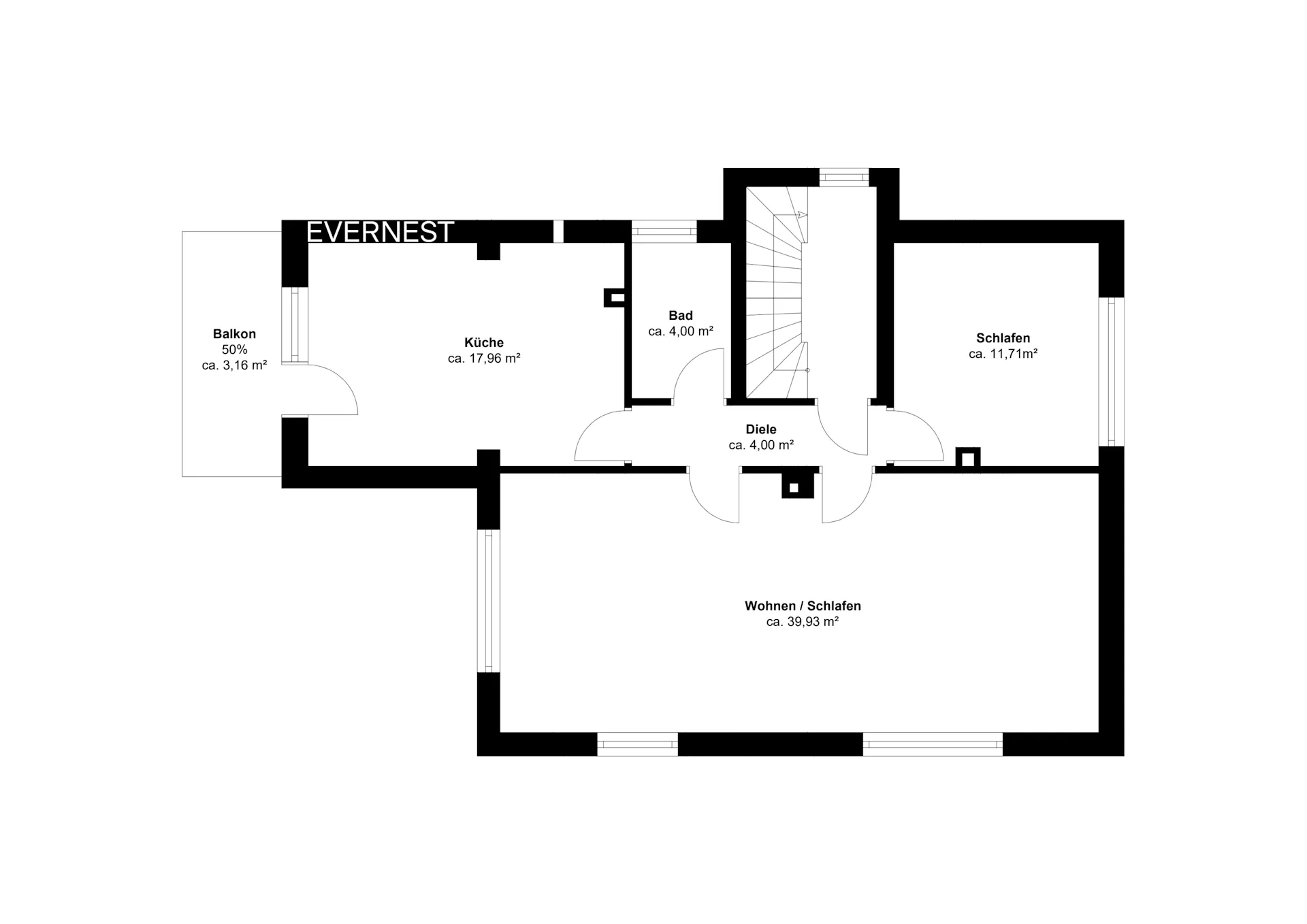 Grundriss einer Wohnung mit Küche, Bad, Schlafraum, Wohnraum und Balkon.