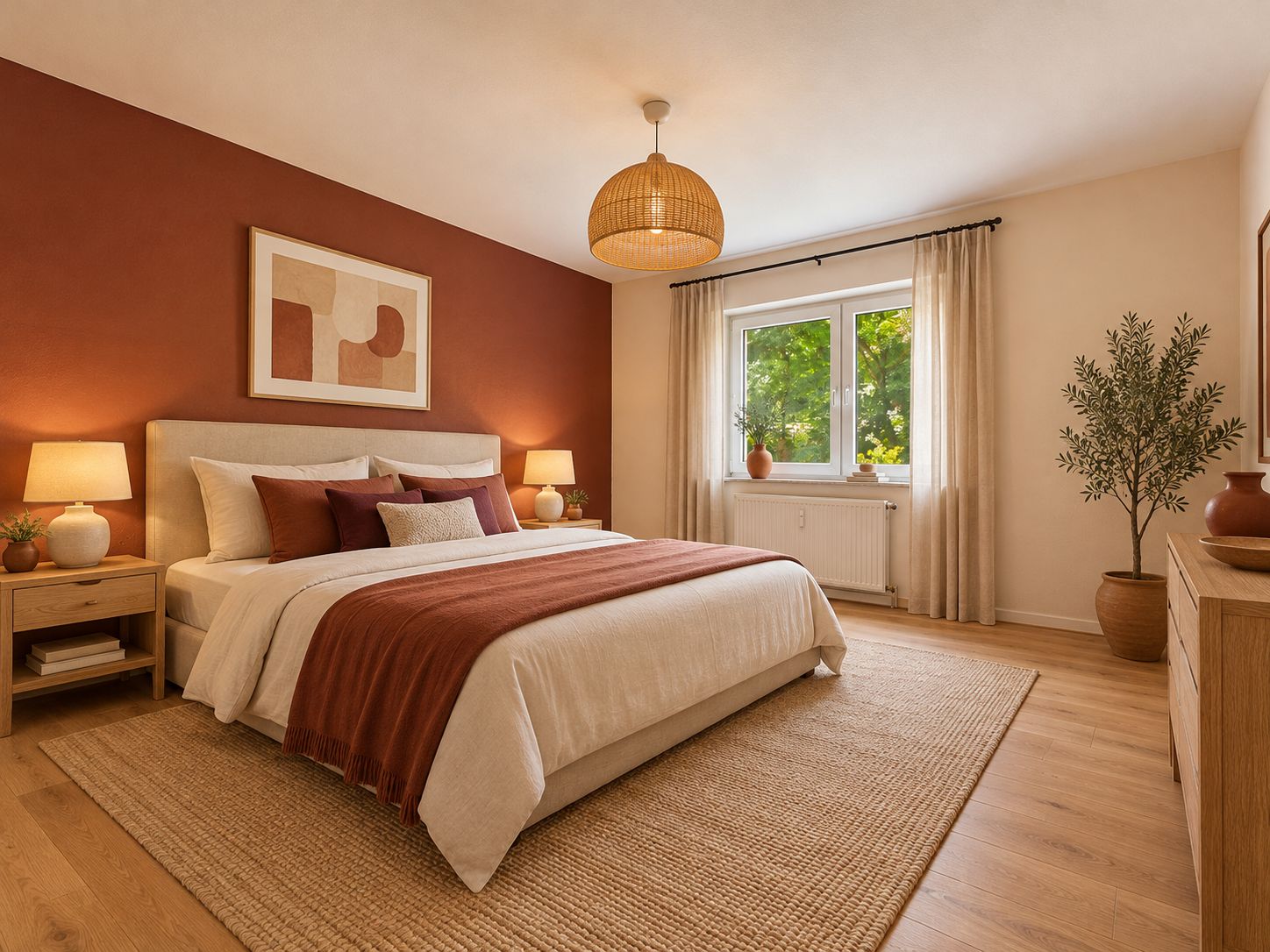 Modernes Schlafzimmer mit Doppelbett, Nachttischen, Pflanzen und großem Fenster mit Vorhängen.