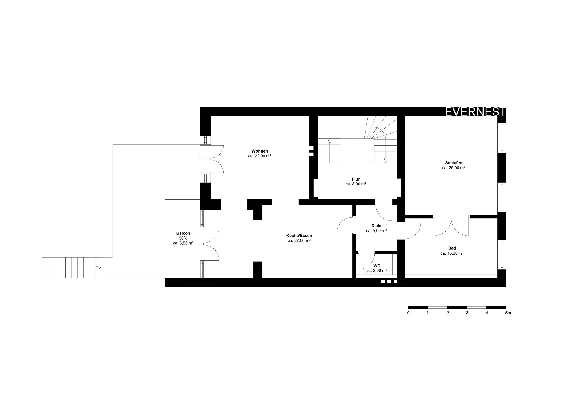 Grundriss einer Wohnung mit Balkon, Wohn-, Schlaf-, Esszimmer, Bad, WC und Flur.