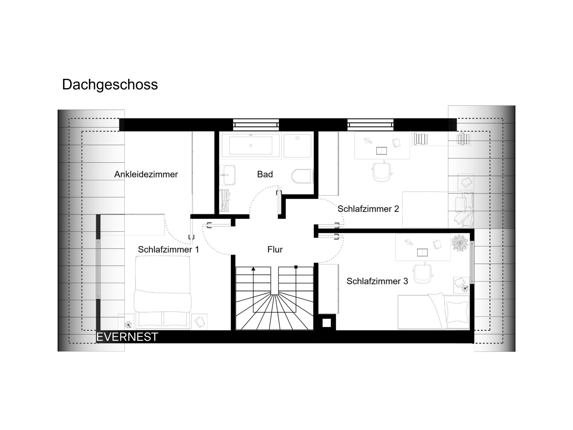 Grundriss des Dachgeschosses mit drei Schlafzimmern, Ankleidezimmer, Bad und Flur.