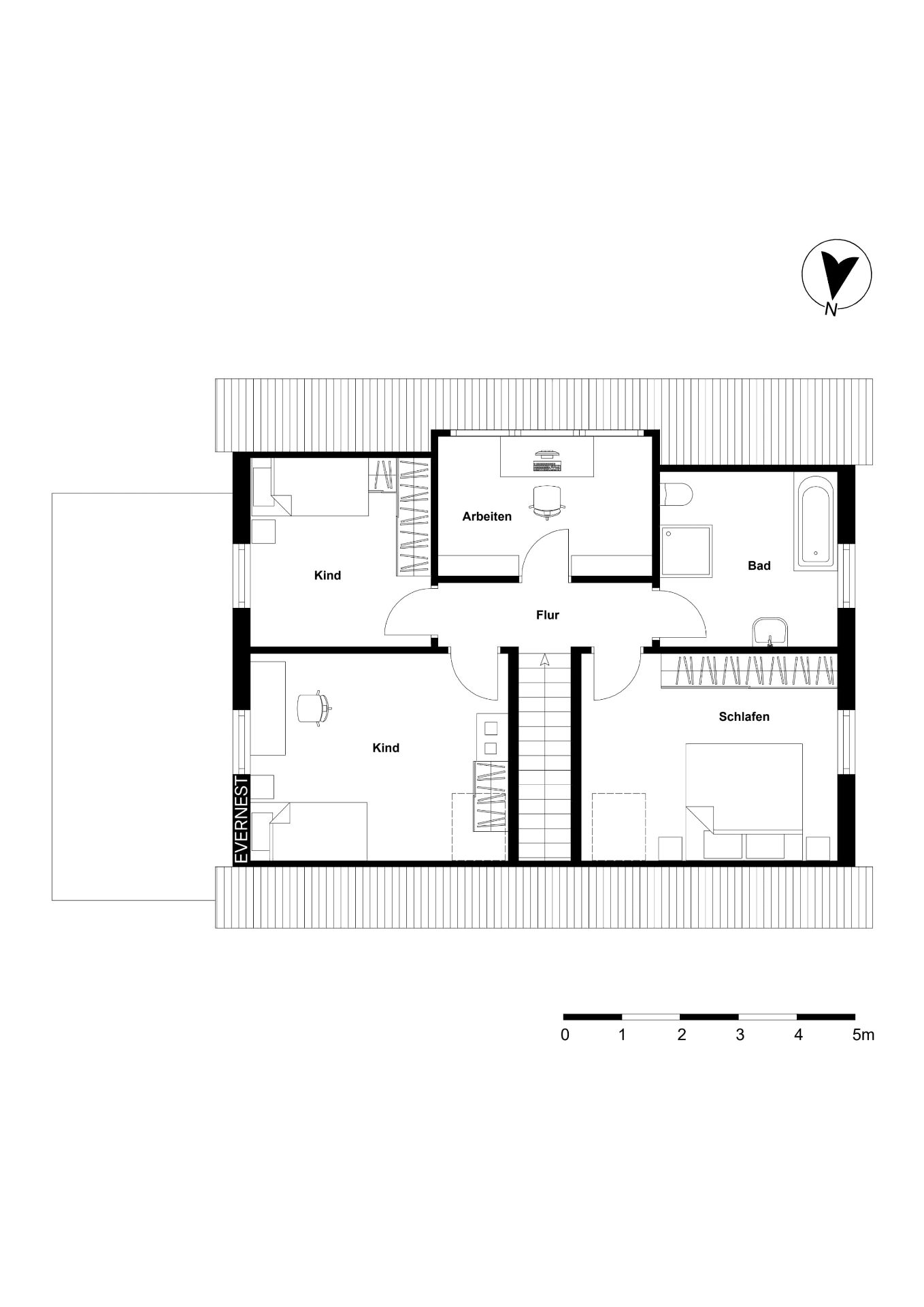 Grundriss eines Hauses mit Kinderzimmern, Schlafzimmer, Bad, Arbeitszimmer und Flur.